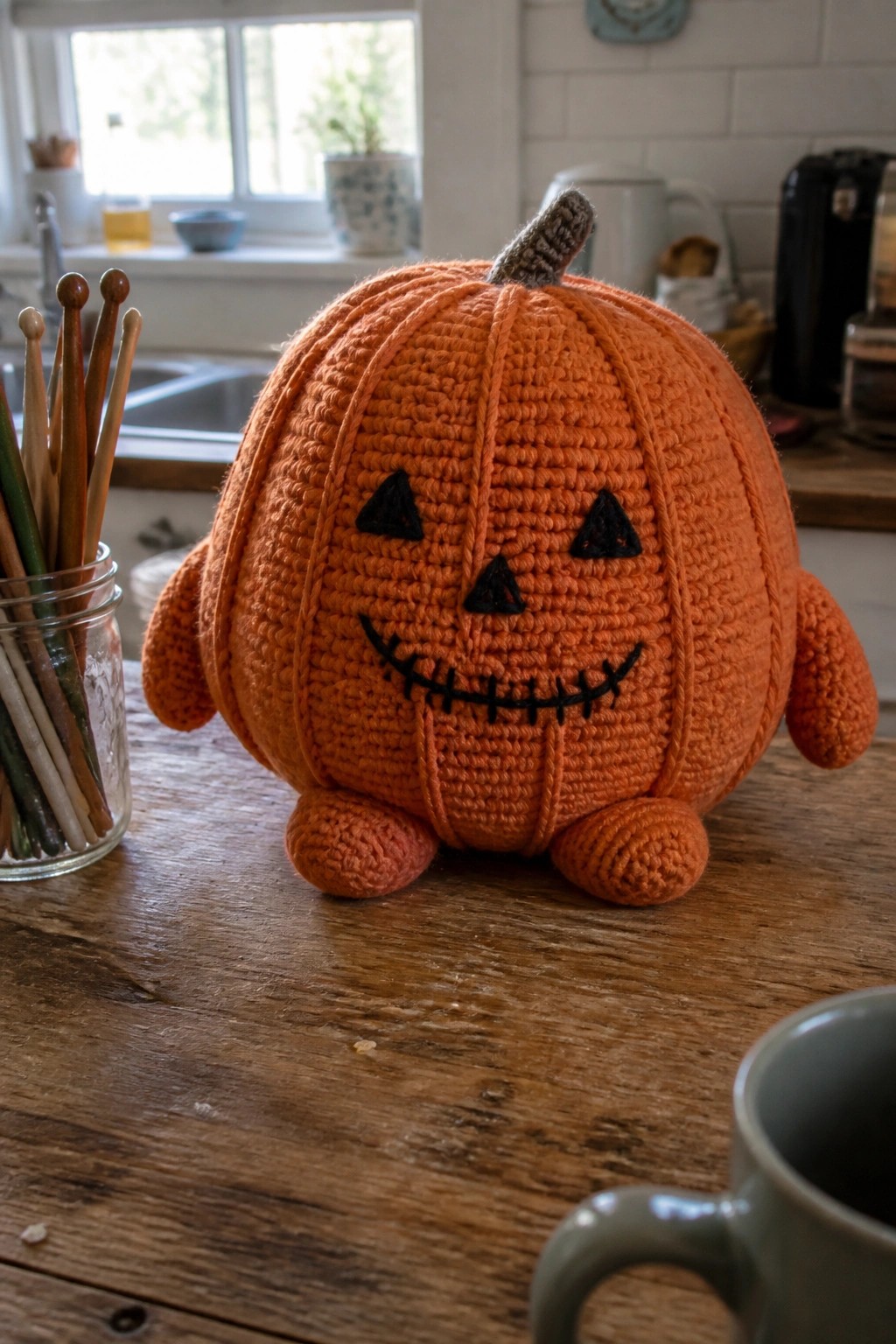 Crocheted orange pumpkin with jack-o'-lantern face on wooden kitchen table