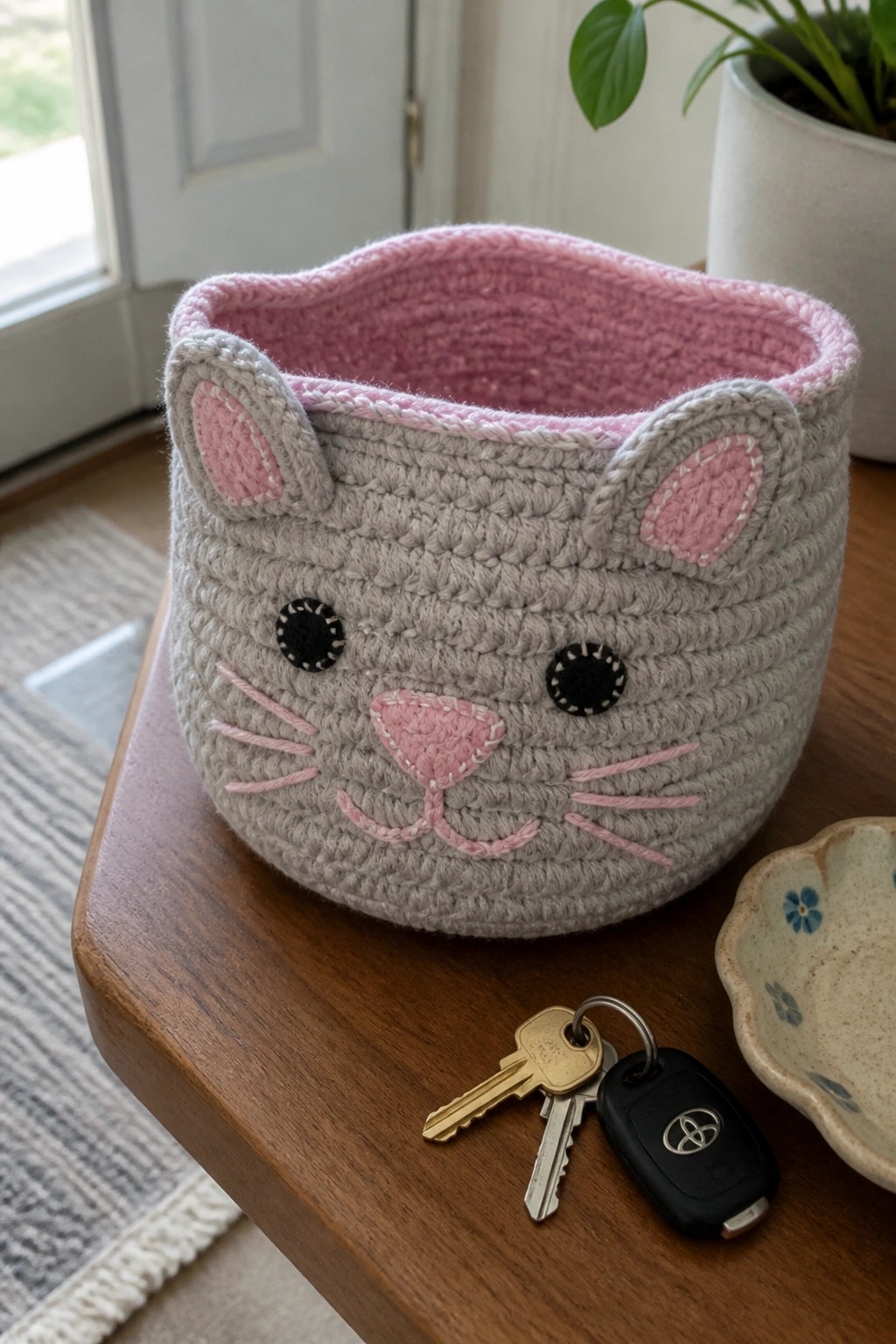 Crocheted gray cat-faced basket with pink accents beside keys on wooden table