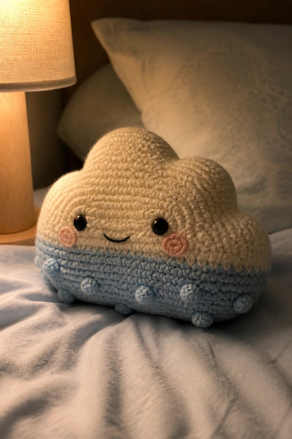 Crocheted white and blue cloud plush toy with smiling face on bed