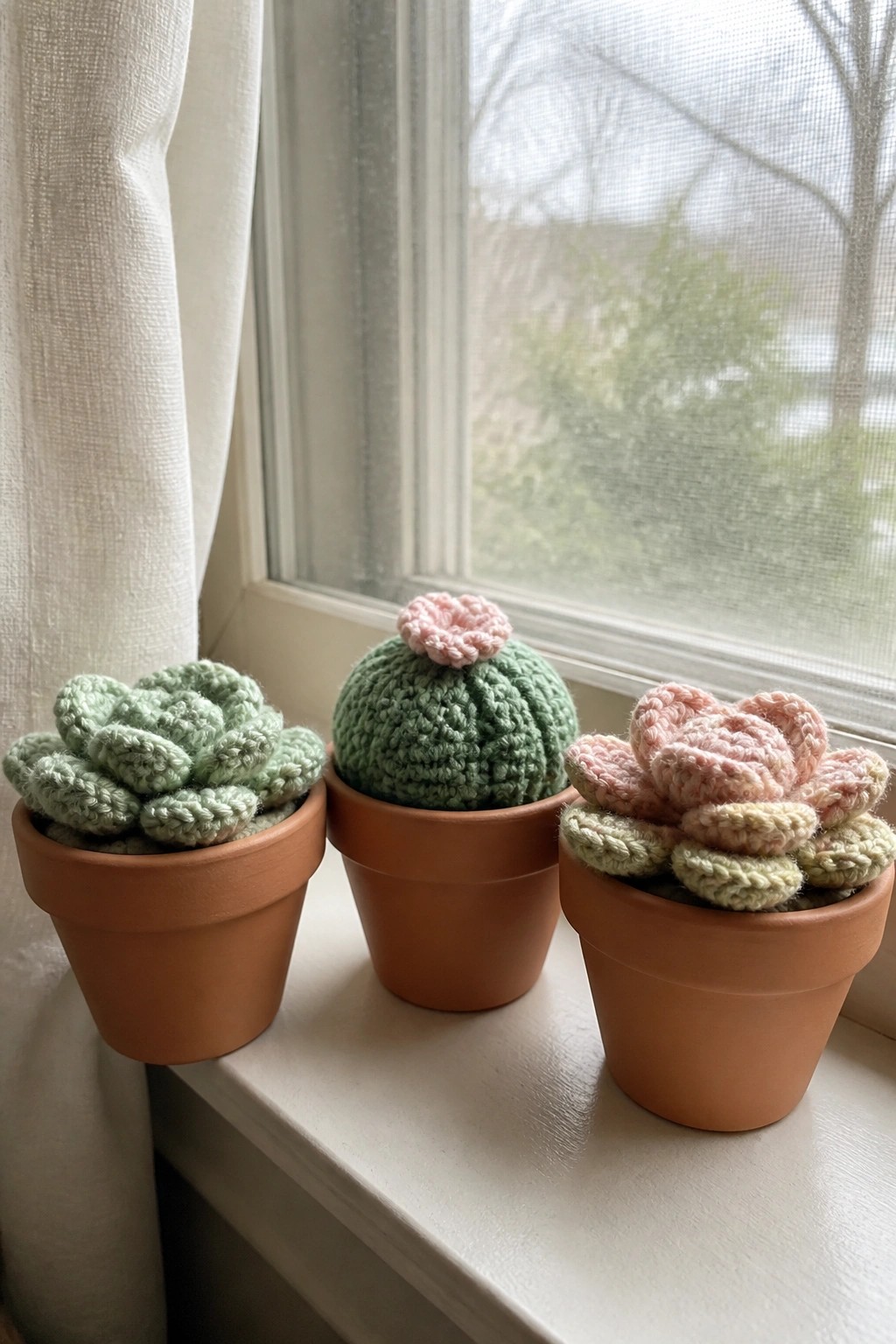 Three crocheted succulents in terracotta pots on a white windowsill.