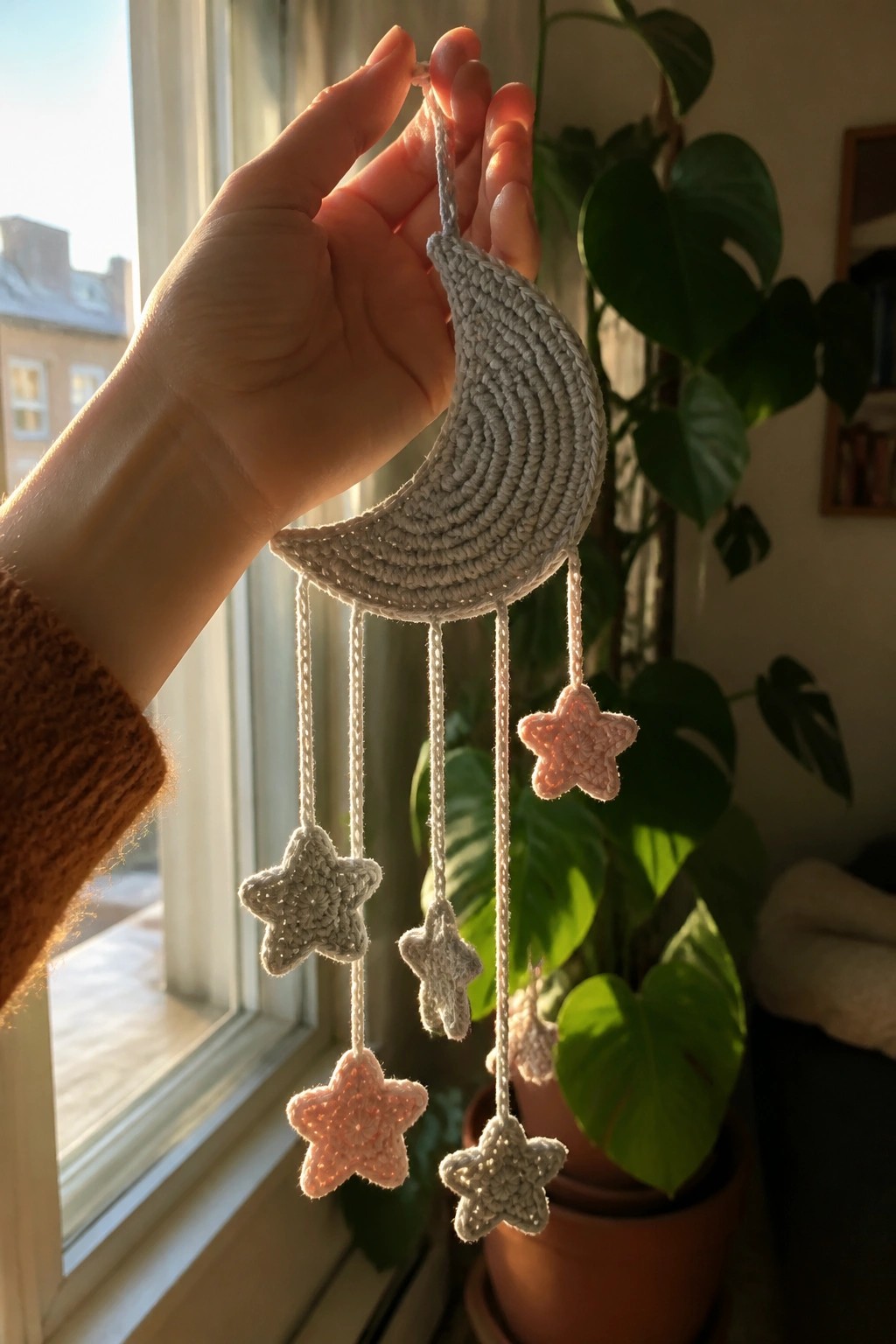 Hand in brown sweater holds crocheted gray moon mobile with pink and gray stars