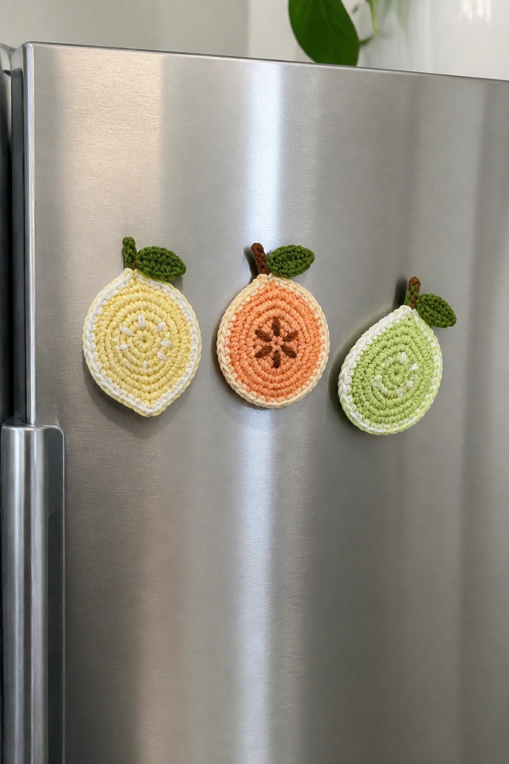 Three colorful crocheted fruit magnets on a stainless steel refrigerator door.