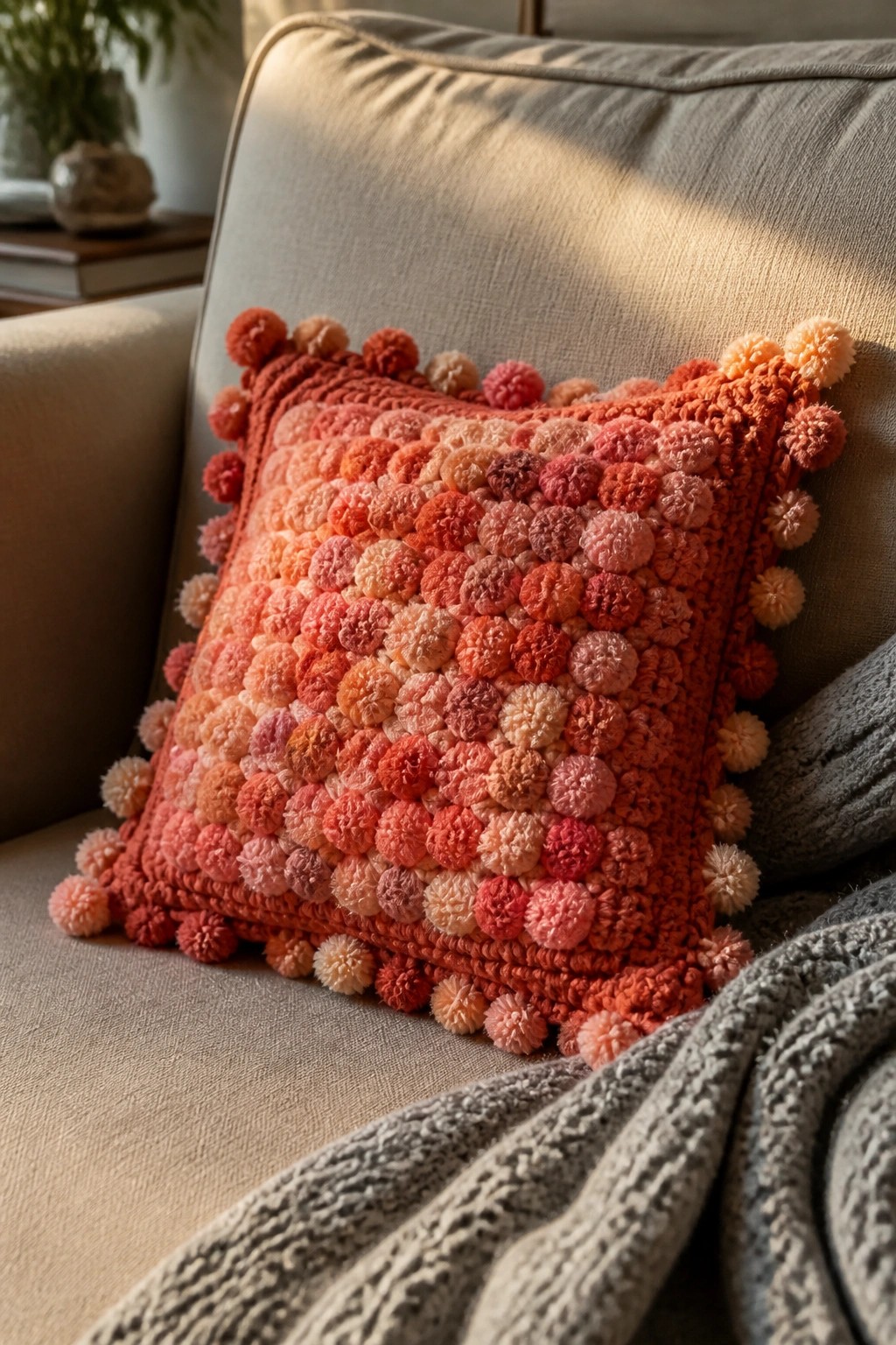 Sunlit pom-pom pillow in warm orange-pink gradient on gray couch.