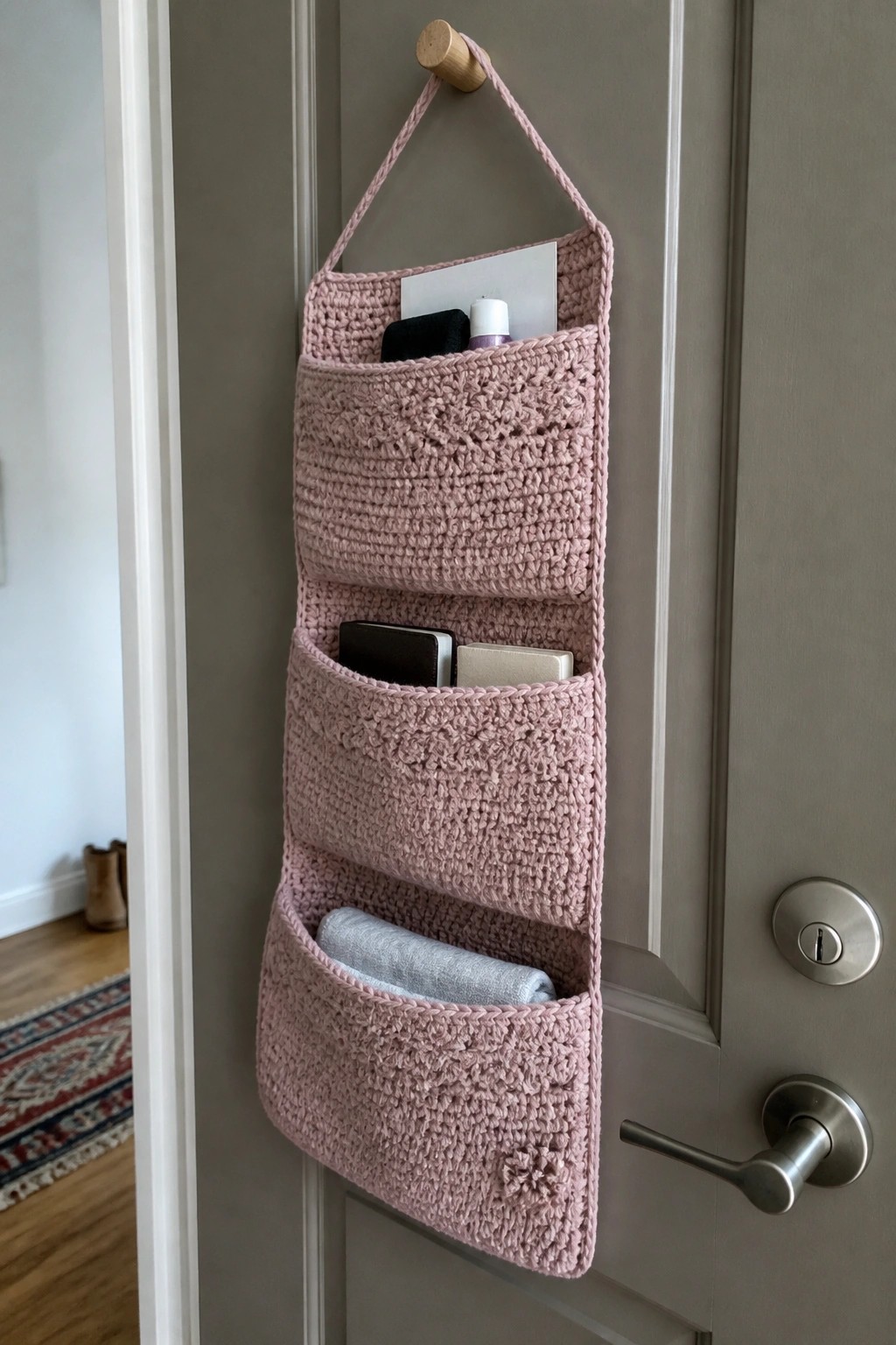 Pink crocheted hanging organizer with pockets on gray door.