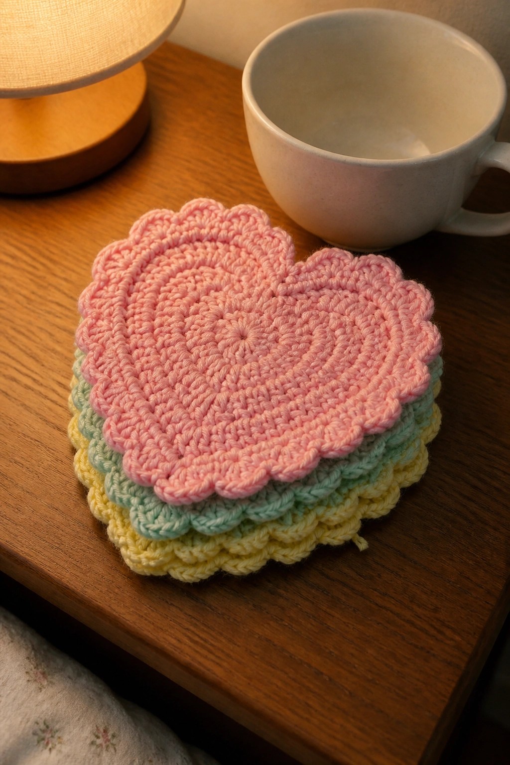 Stack of pastel pink, mint, and yellow crocheted heart coasters beside white mug on wood table