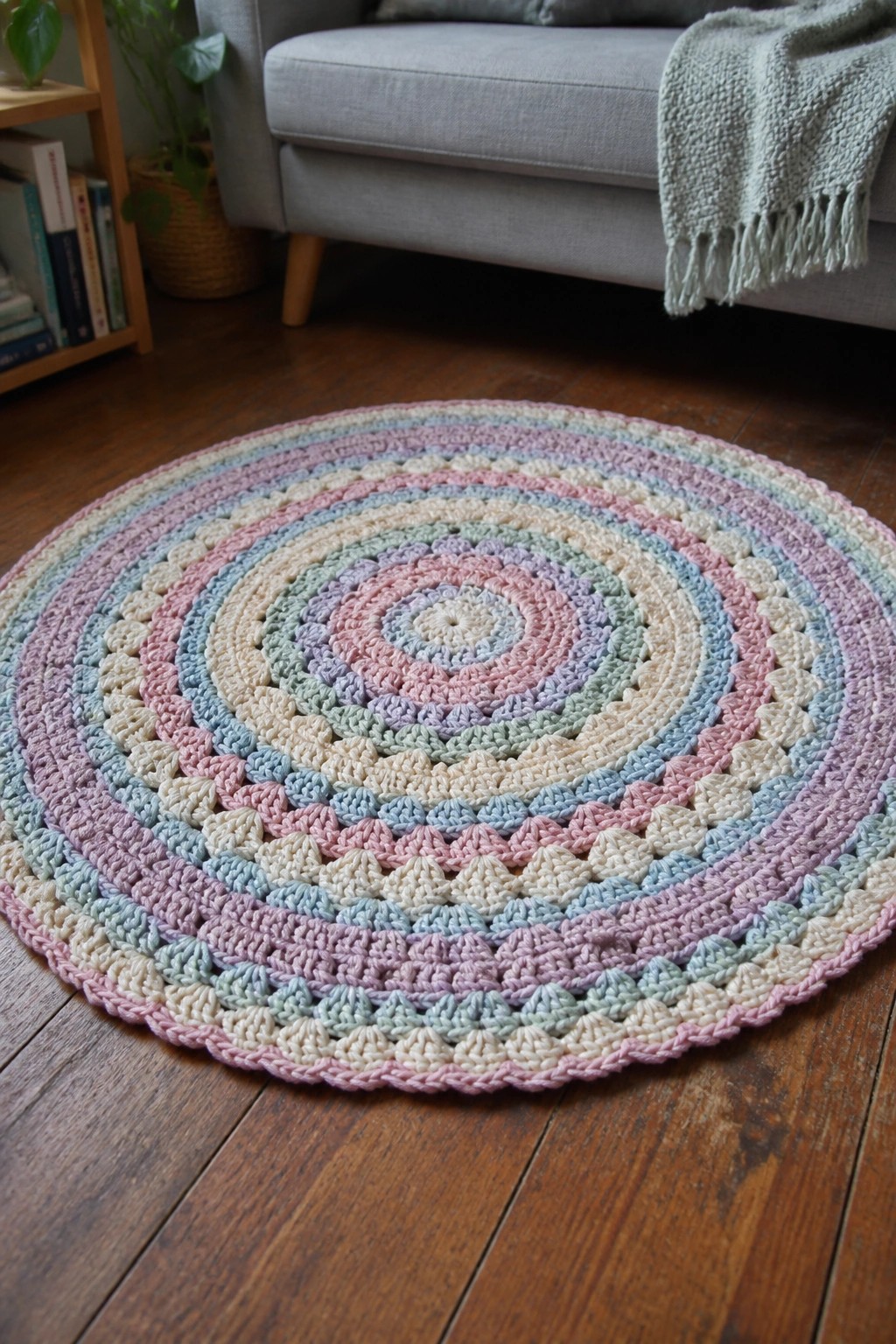 Round pastel crocheted rug on wooden floor with gray sofa nearby