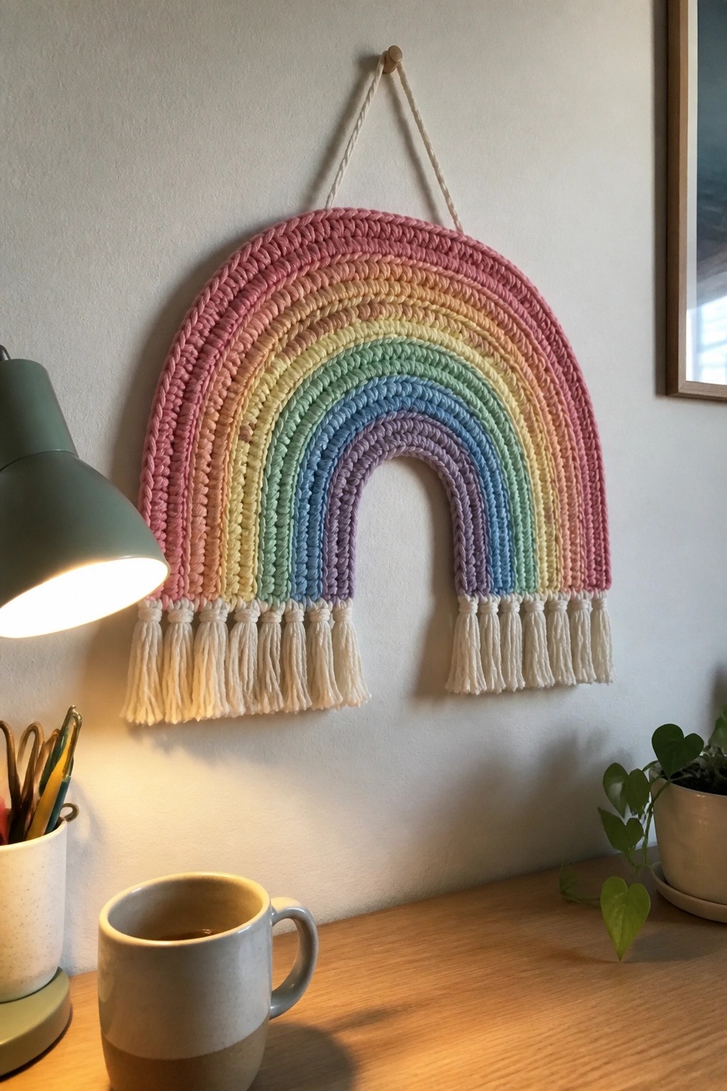 Pastel crocheted rainbow wall hanging with tassels above desk with lamp and mug.