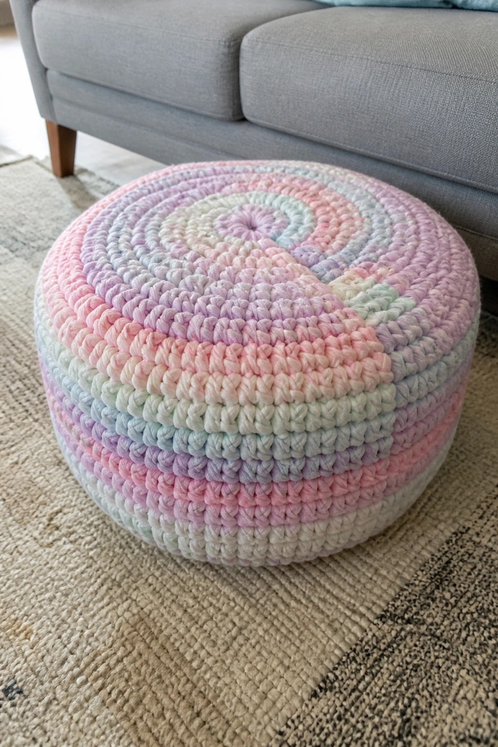 Round crocheted ottoman in swirling pastel pink, blue, and purple yarn