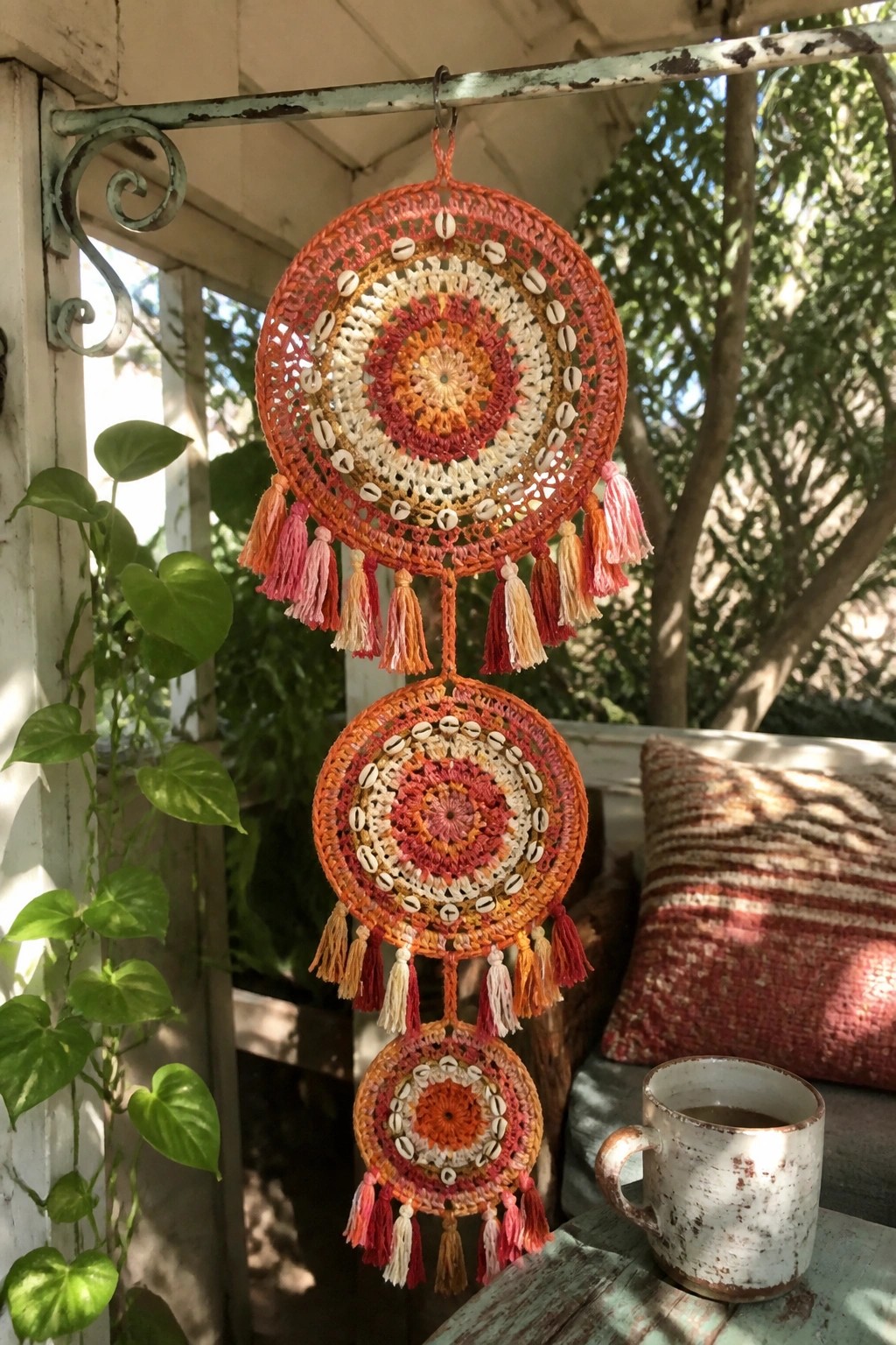 Three-tiered orange crocheted hanging with seashells and tassels on a sunny porch