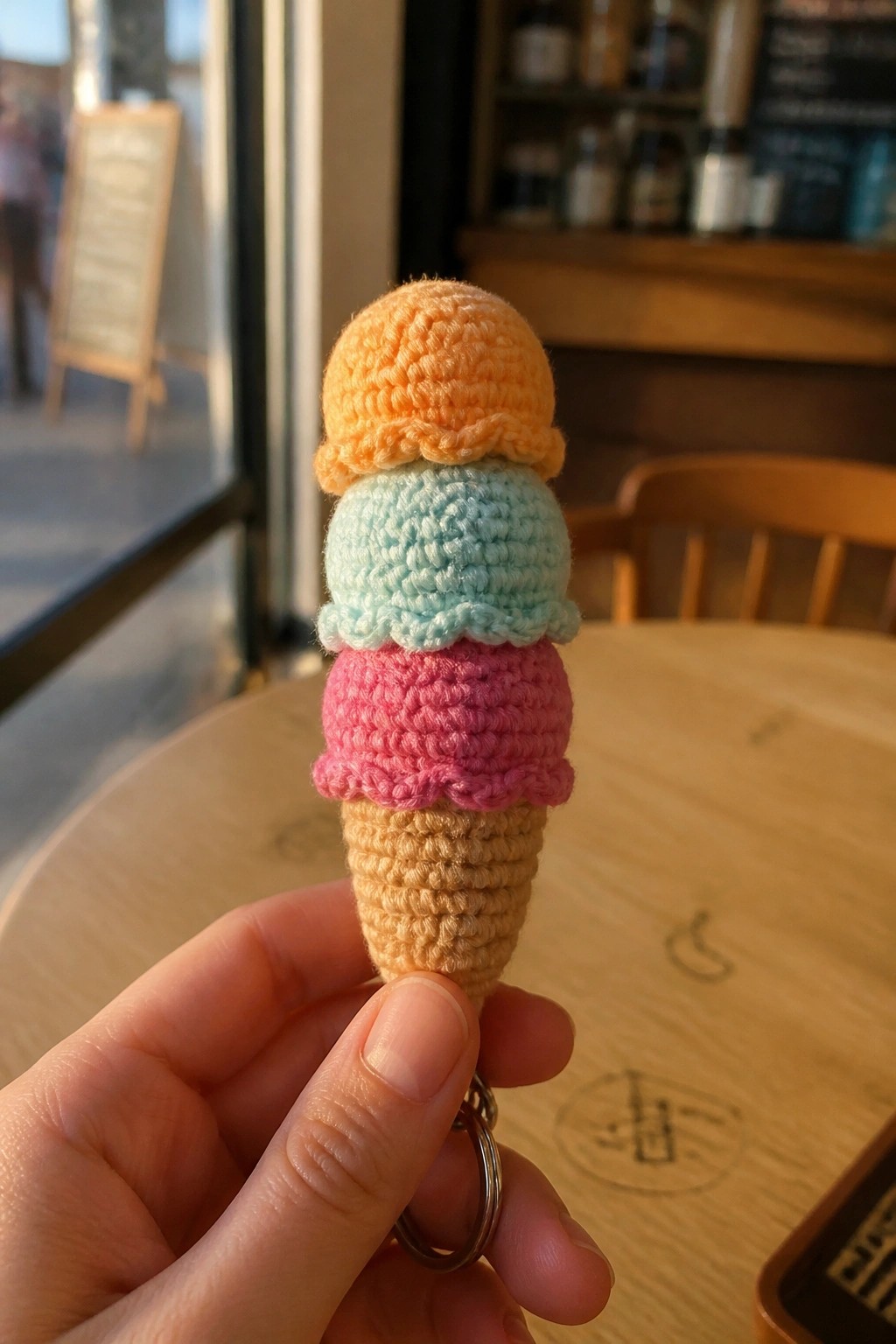 Hand holding crocheted ice cream cone keychain with orange, blue, and pink scoops.
