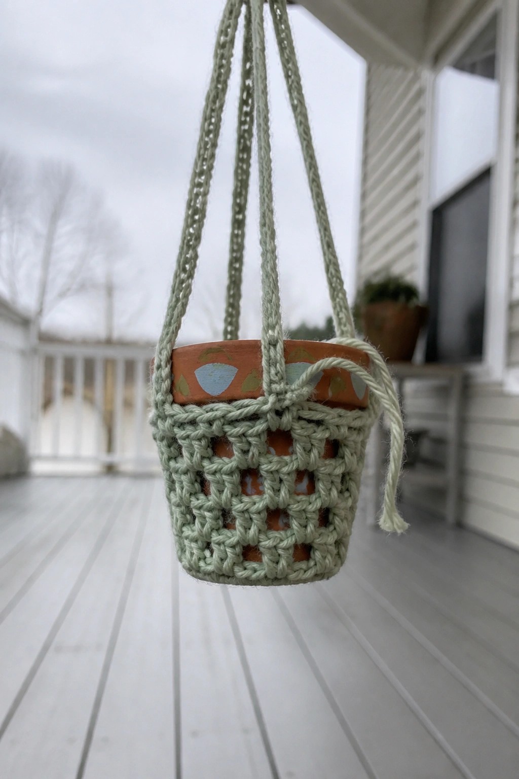 Sage green crocheted macrame holder suspending a painted terracotta pot on a porch.