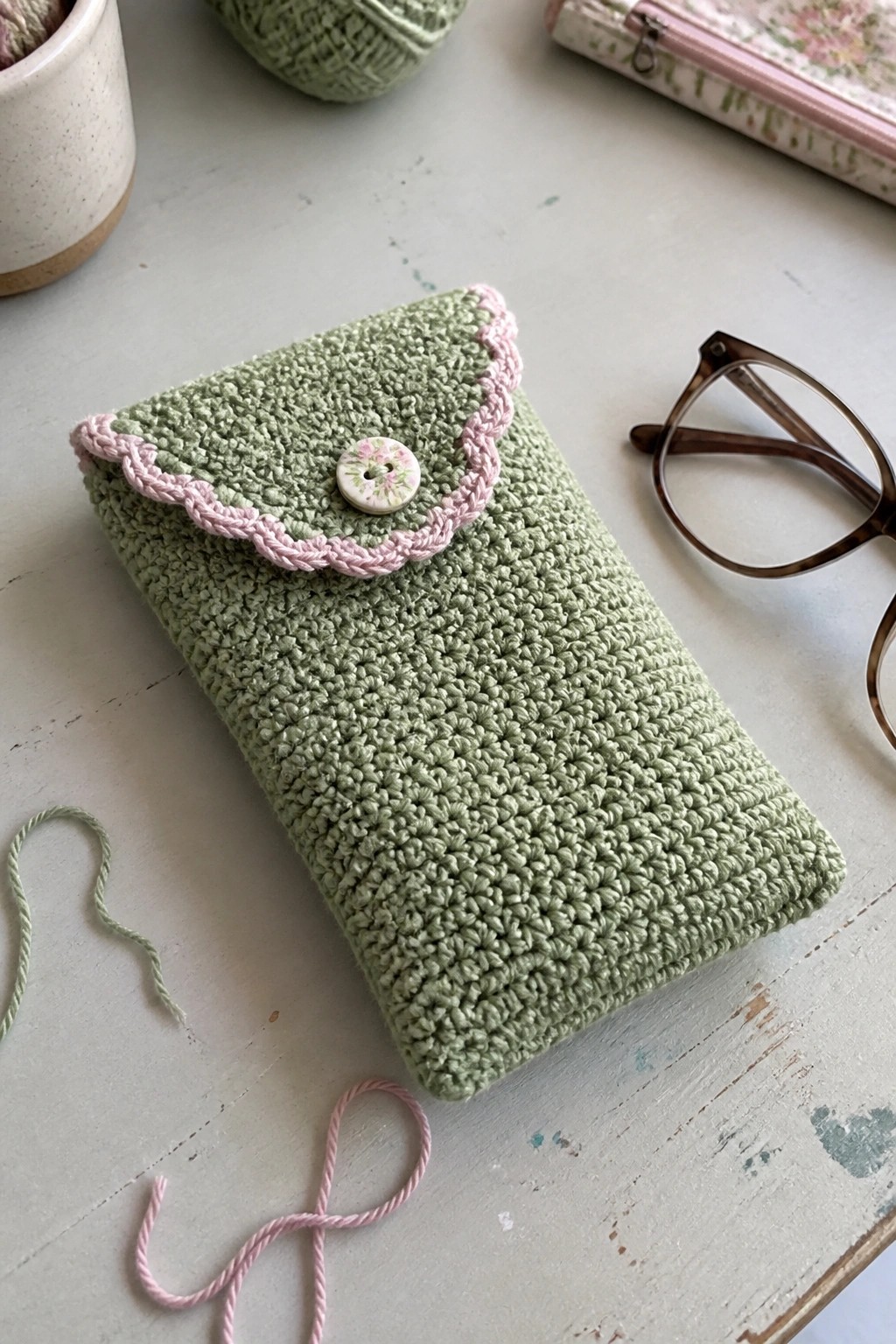 Green crocheted pouch with pink scalloped trim and floral button on table
