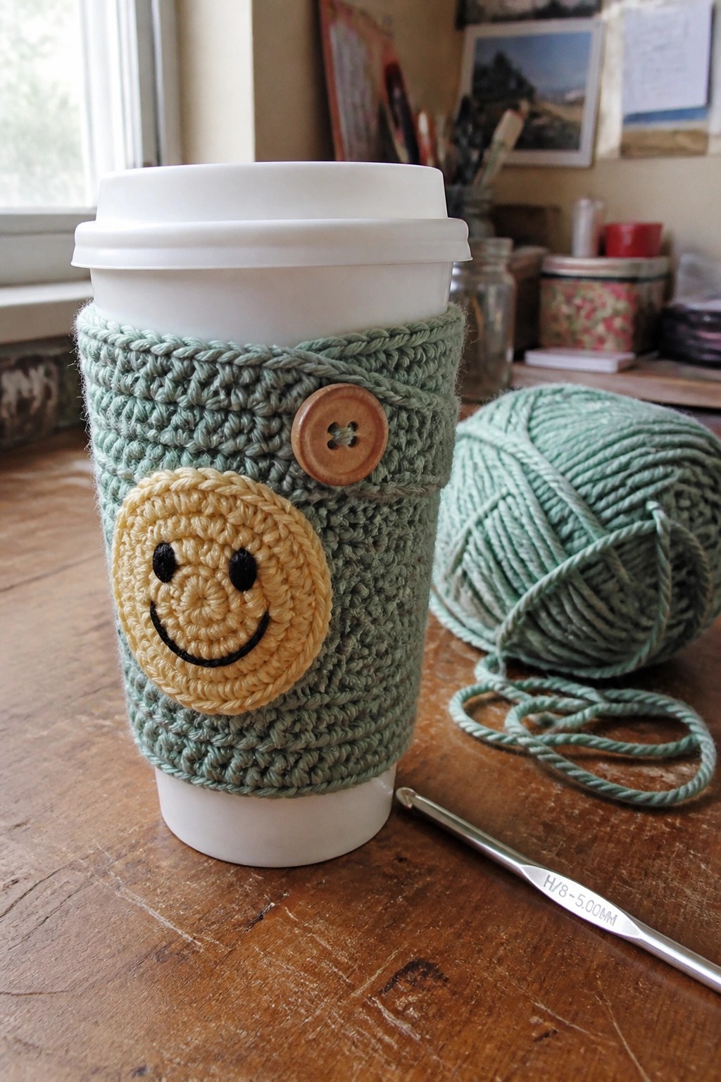 Green crocheted cozy with yellow smiley face on white cup beside yarn and hook.