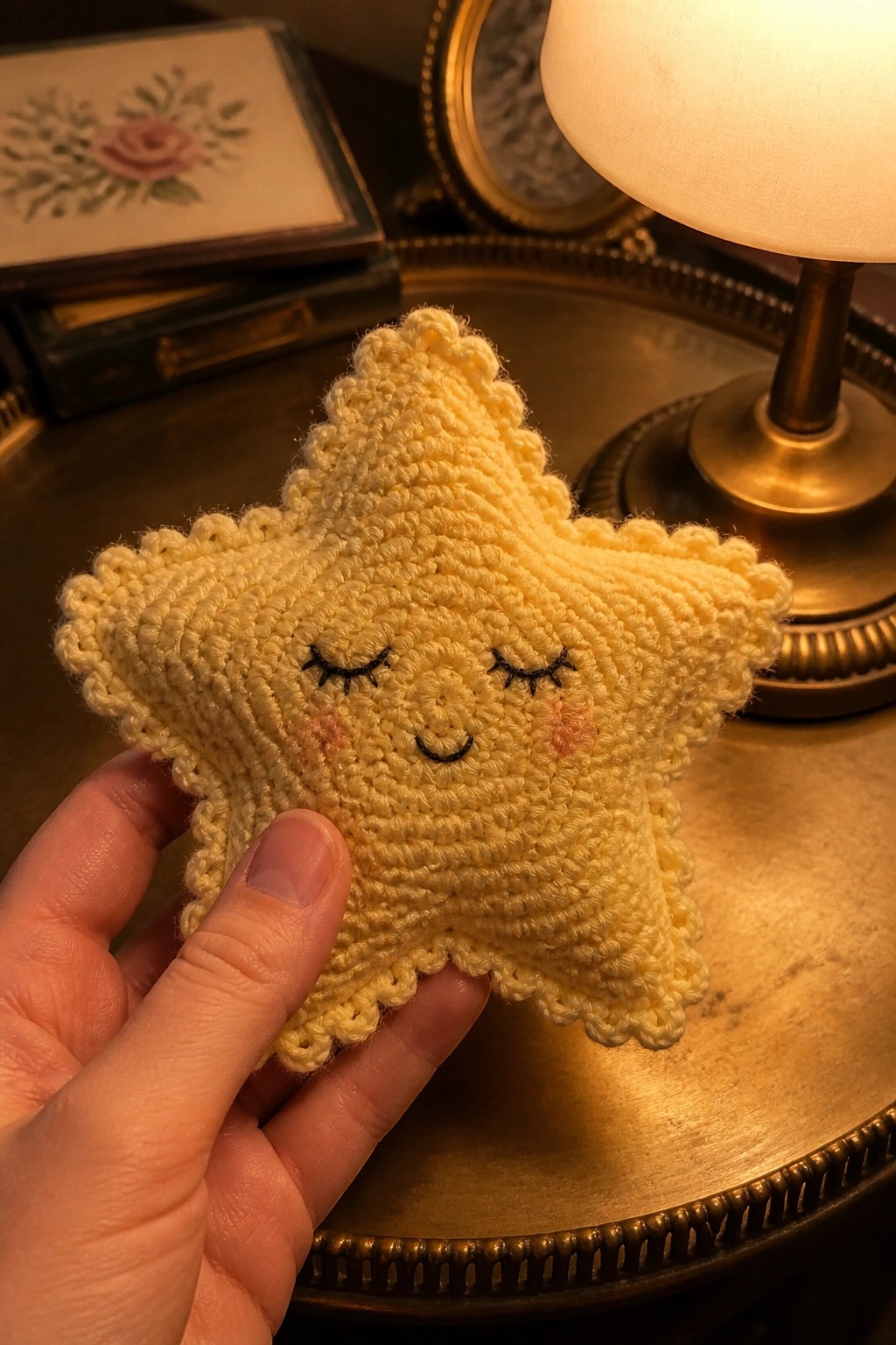 Hand holding yellow crocheted star plush with embroidered sleepy face and pink cheeks.
