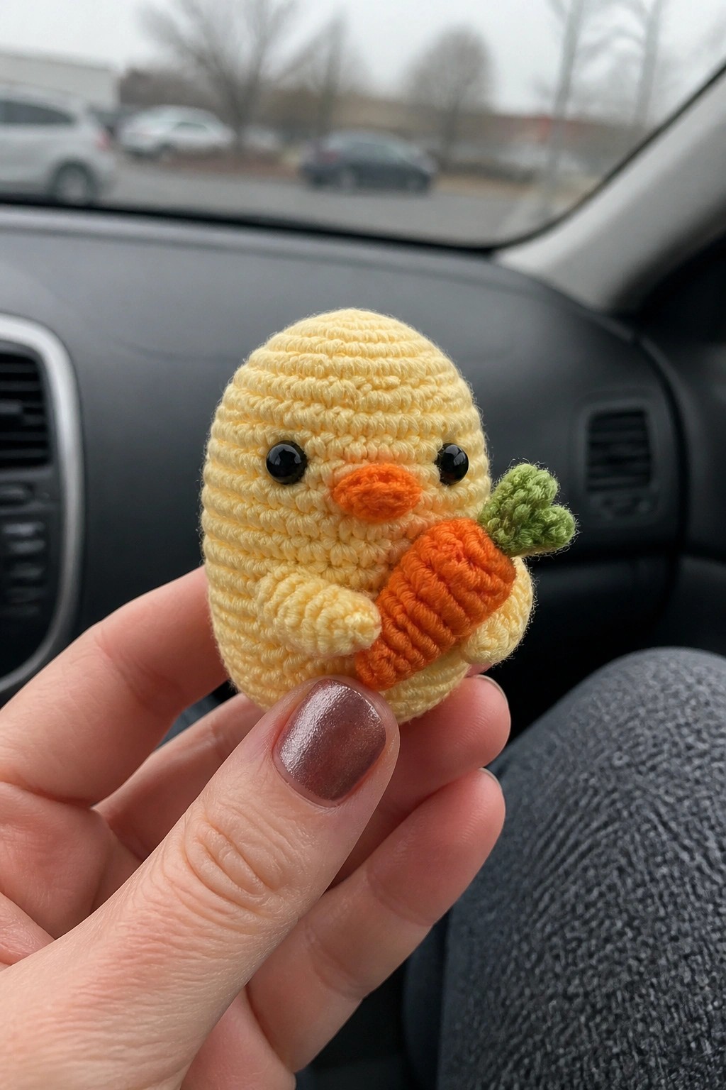 Hand holding crocheted yellow chick with orange carrot inside car dashboard.