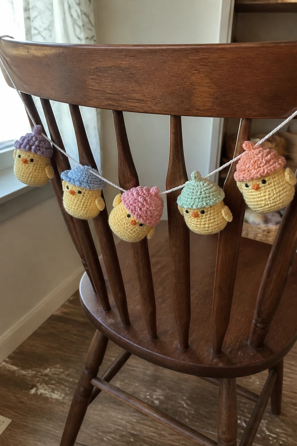 A string of small yellow crocheted chicks wearing pastel hats hangs across the back of a wooden chair.