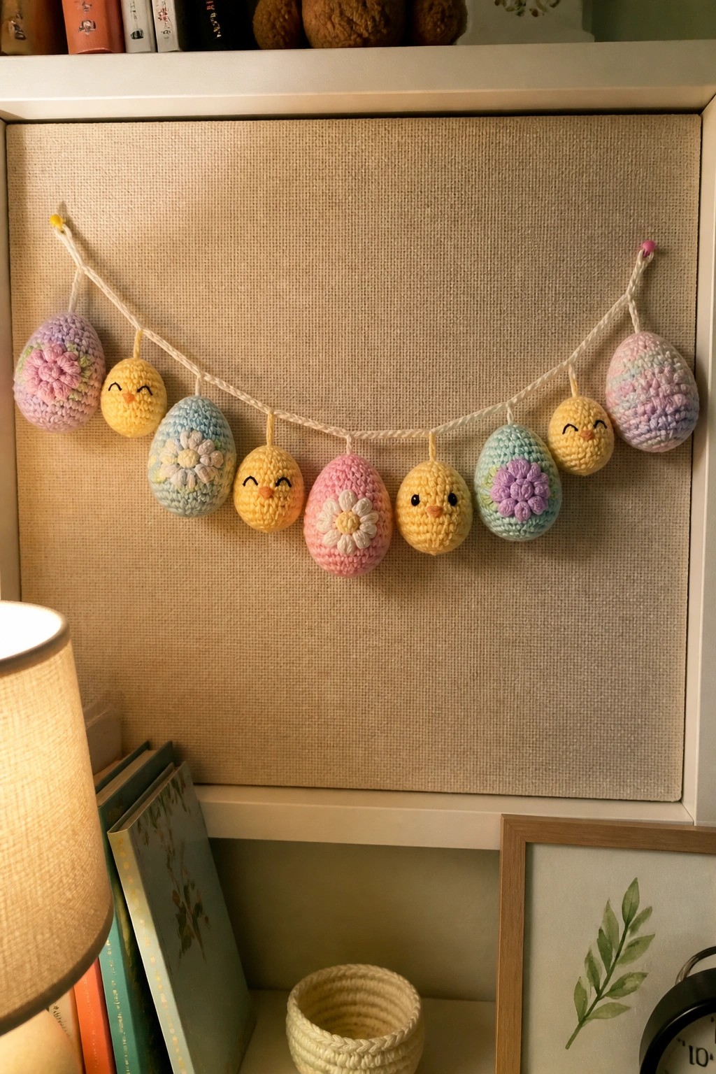 Crocheted pastel Easter egg garland with flowers and chicks on a burlap board.