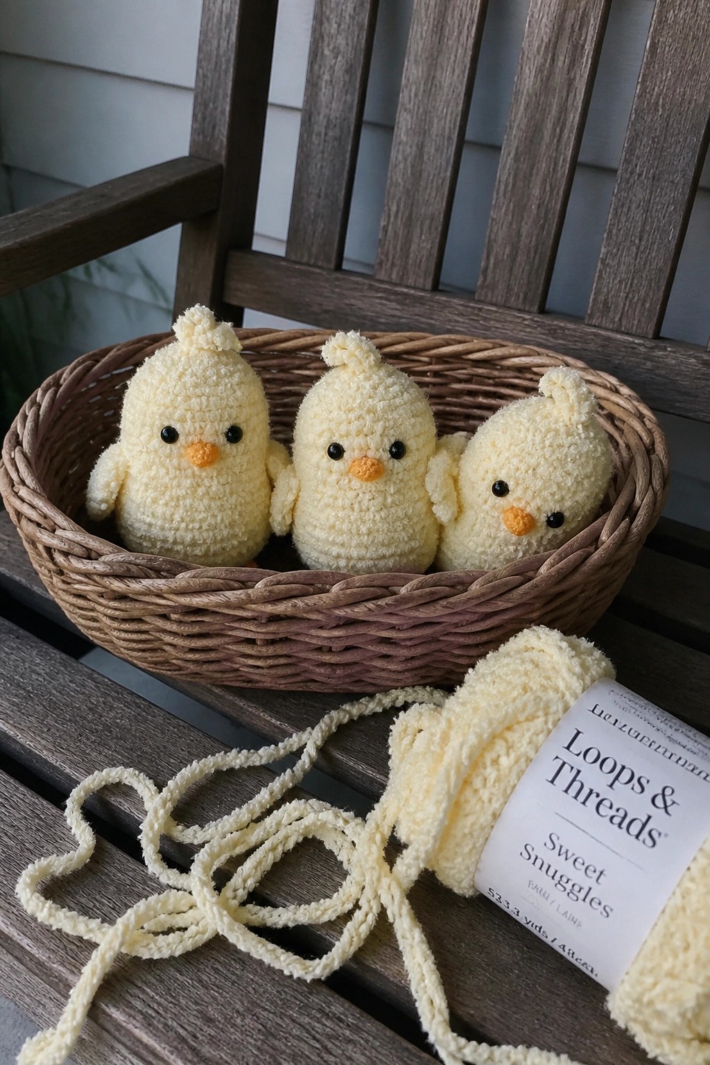 Three yellow crocheted chicks in wicker basket beside yarn on wooden bench