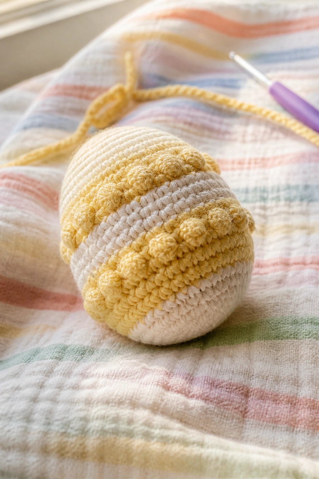 Yellow and white crocheted ball with yarn and hook on striped fabric