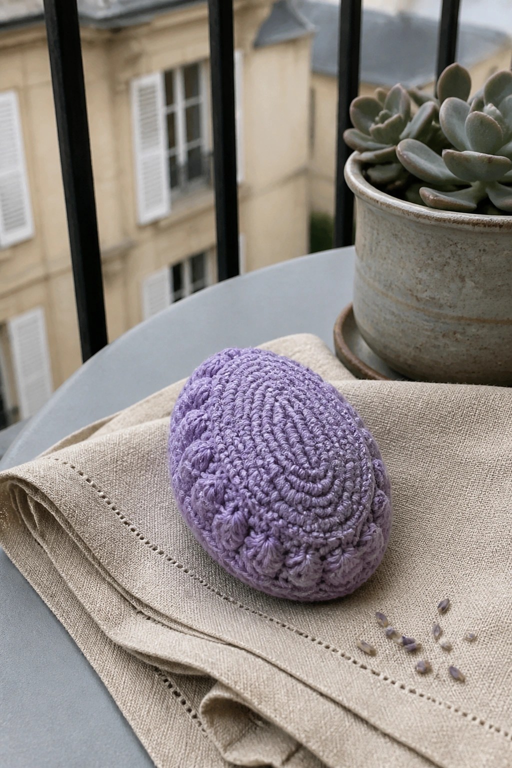 Purple crocheted oval on beige linen with lavender seeds beside potted succulent on balcony
