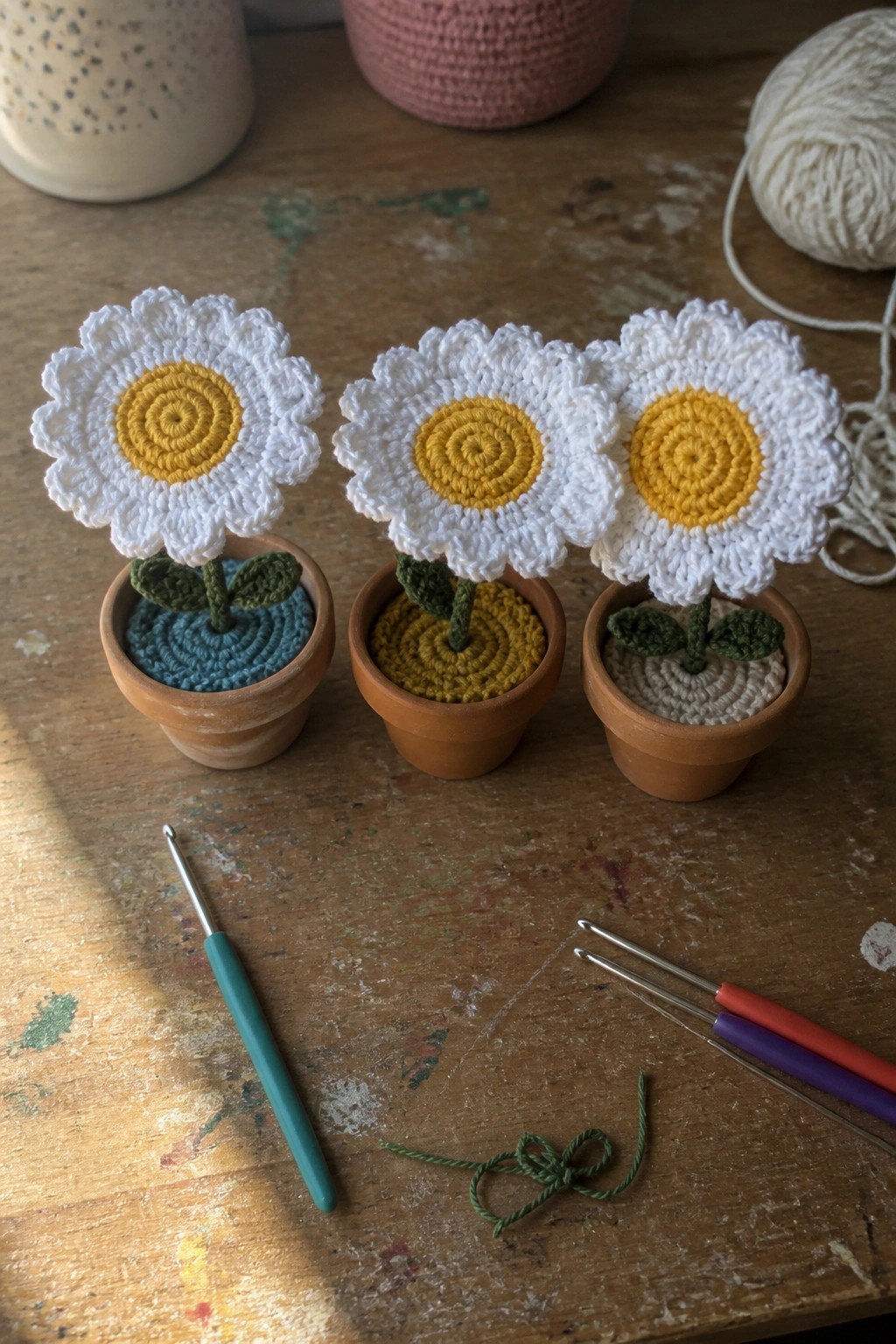 Three crocheted daisies in terracotta pots with hooks on wooden table.