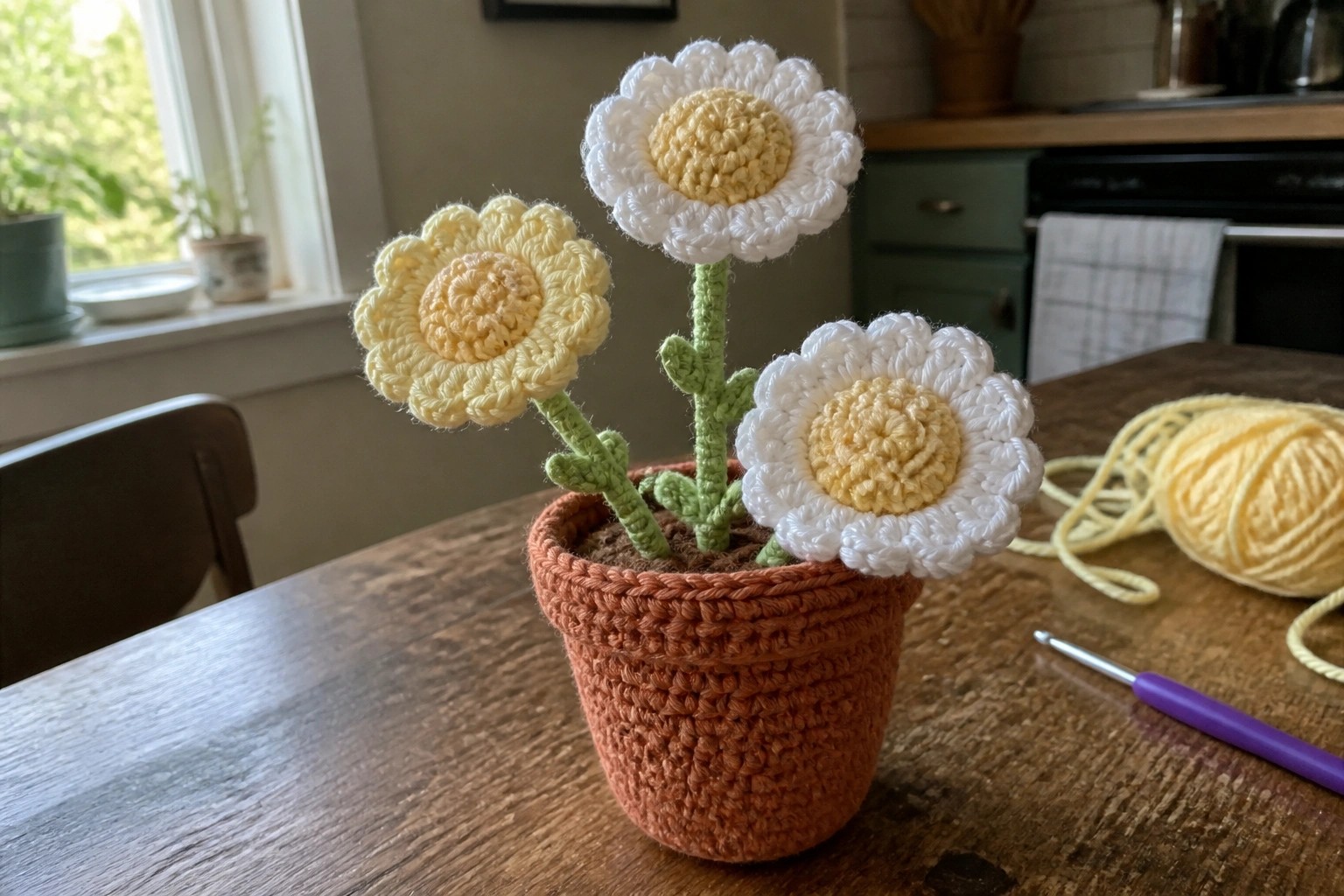Three crocheted daisies in terracotta pot beside yellow yarn and hook on table