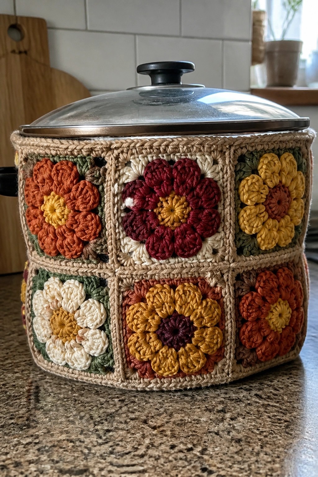 Vibrant floral granny square crochet cozy covering a glass-lidded kitchen pot on countertop