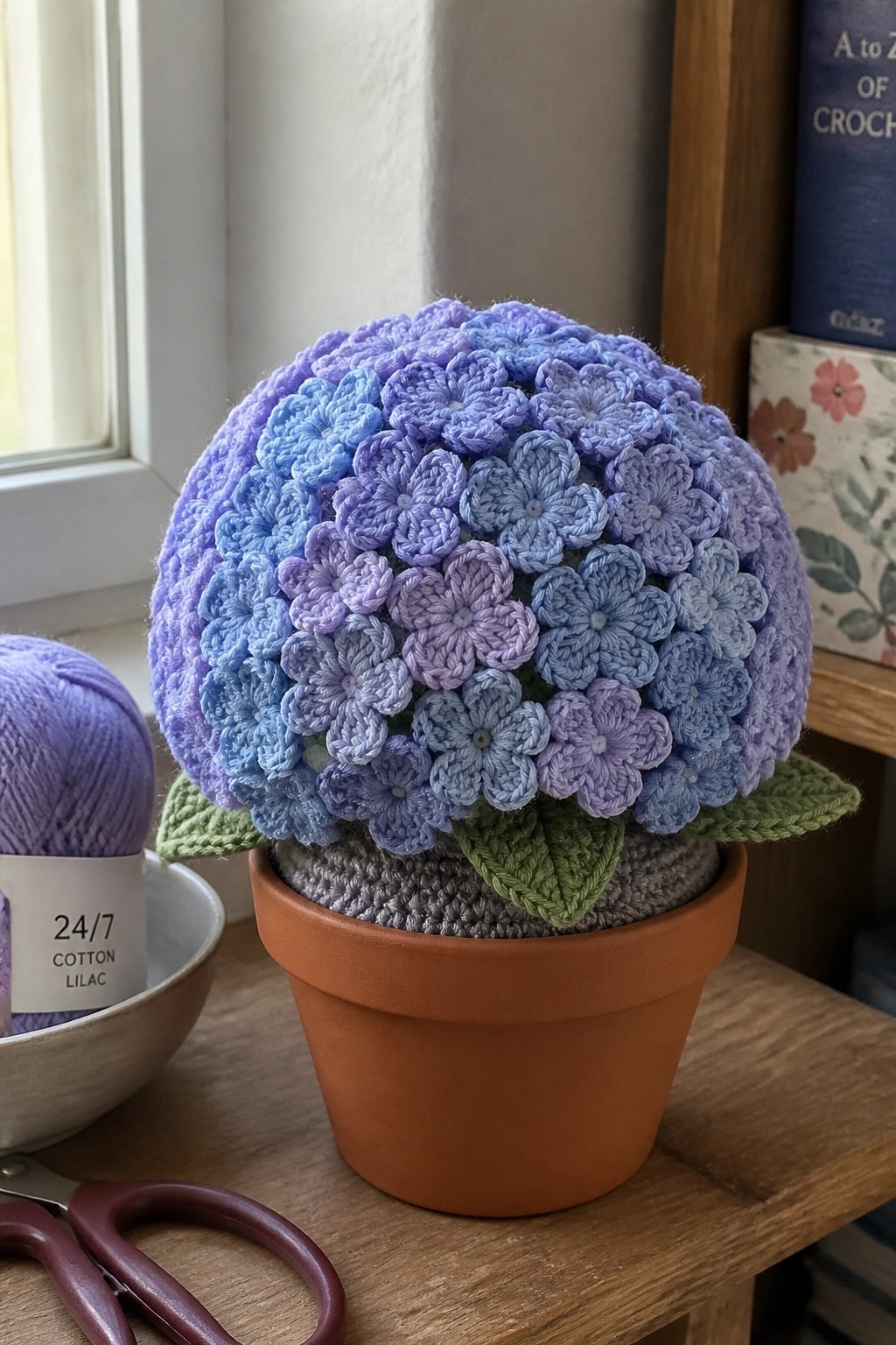 Crocheted purple hydrangea in terracotta pot with yarn and scissors on table