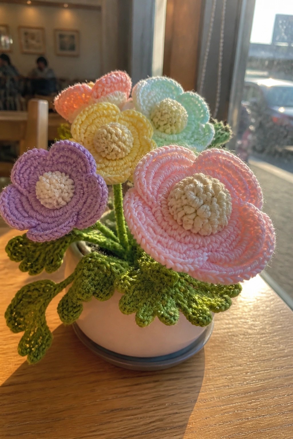Crocheted flowers in pastel colors sit in a small white pot on a wooden table.