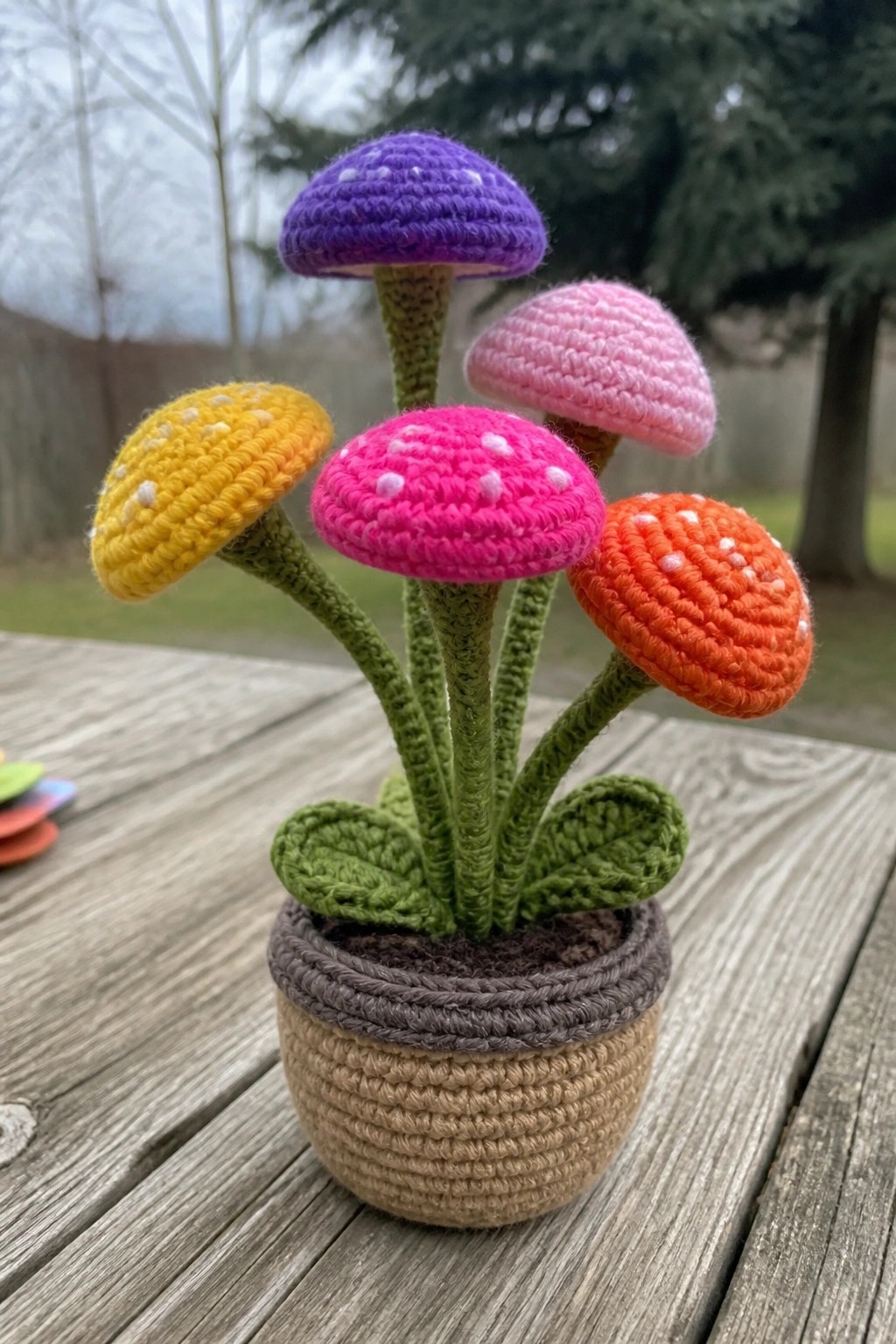 Colorful crocheted mushrooms with green stems in a beige potted plant on wood.