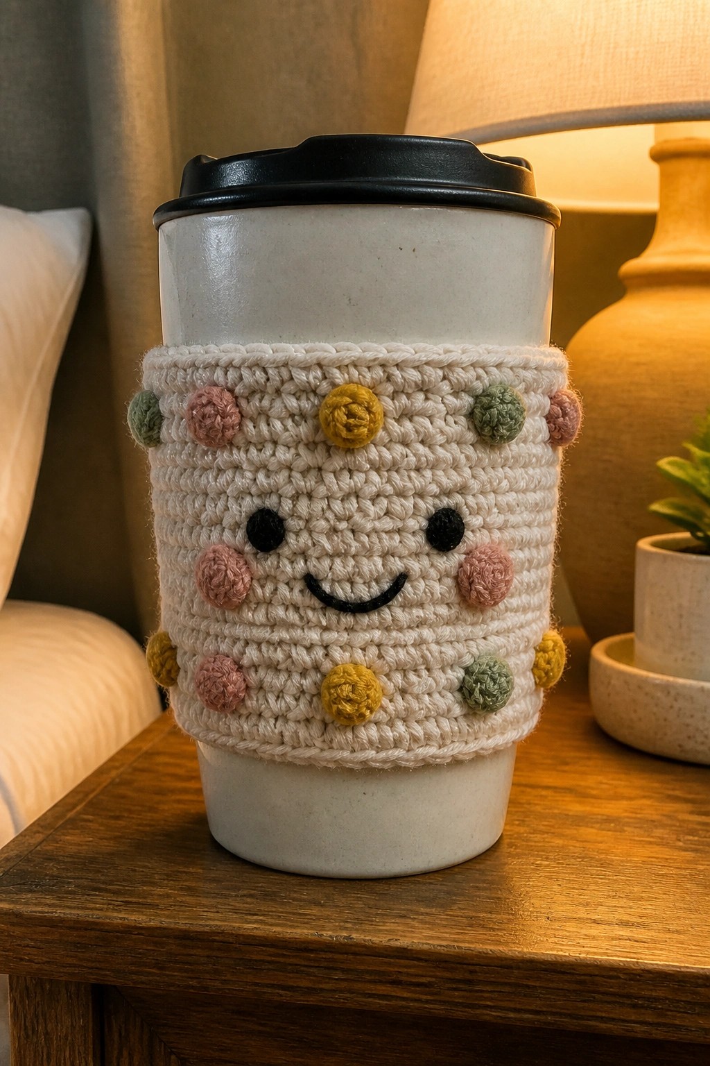 White mug with black lid in crocheted cozy with smiley face and colorful pom-poms