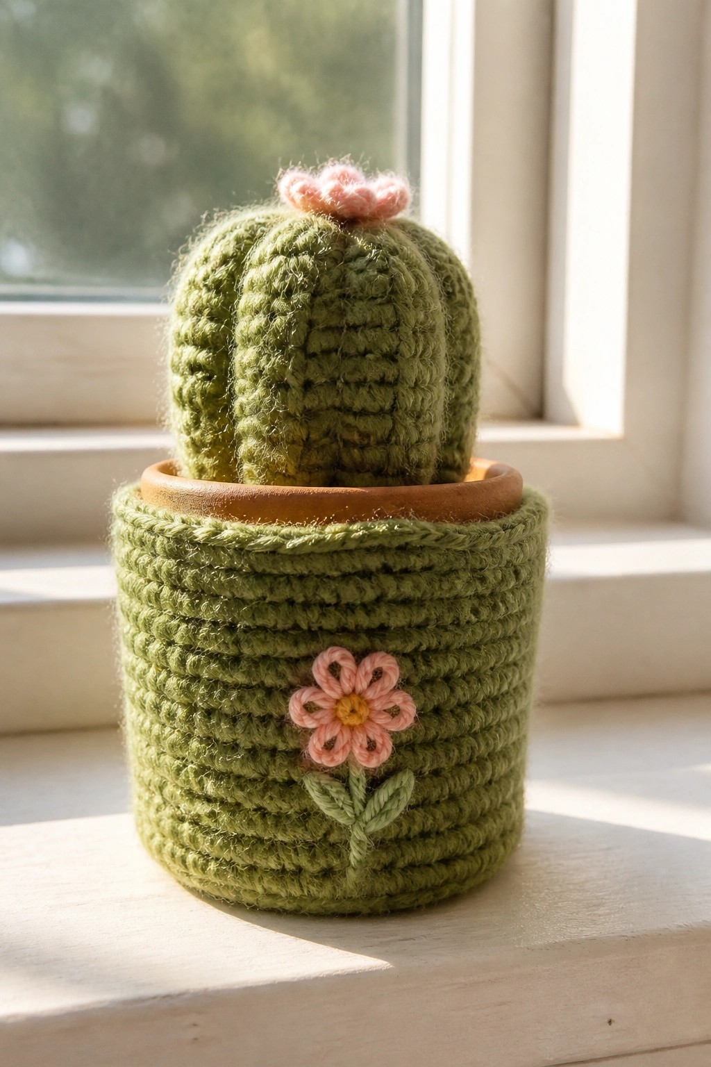 Crocheted green cactus with pink flower in yarn pot holder on sunny windowsill