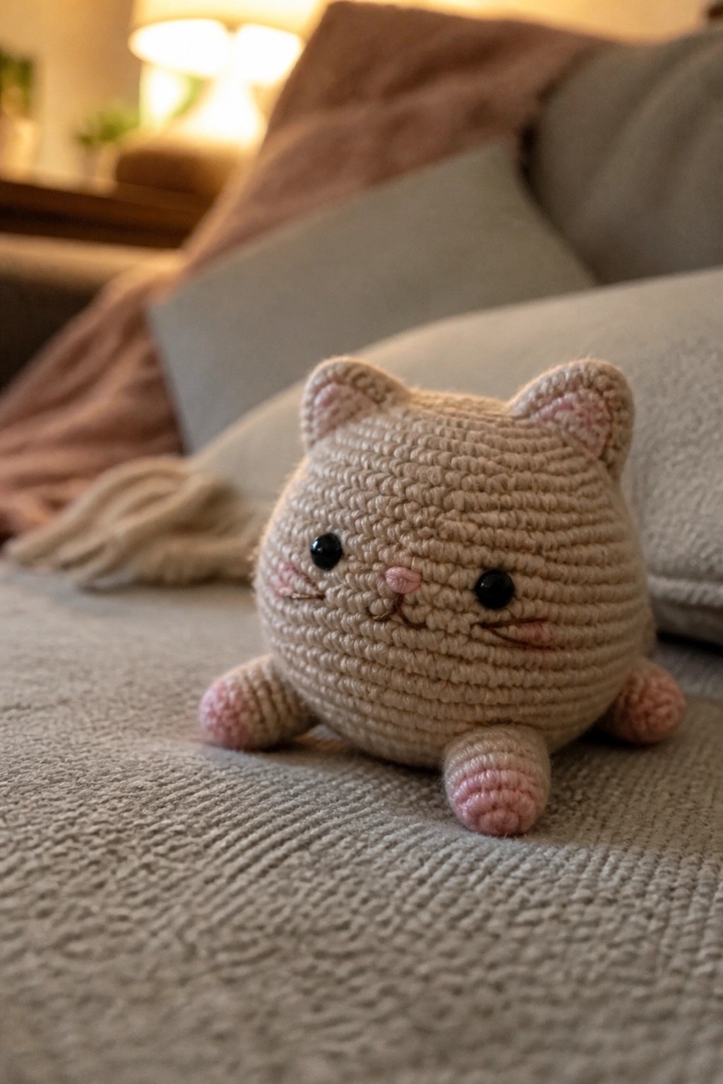Beige crocheted cat with pink paws sits on gray textured fabric
