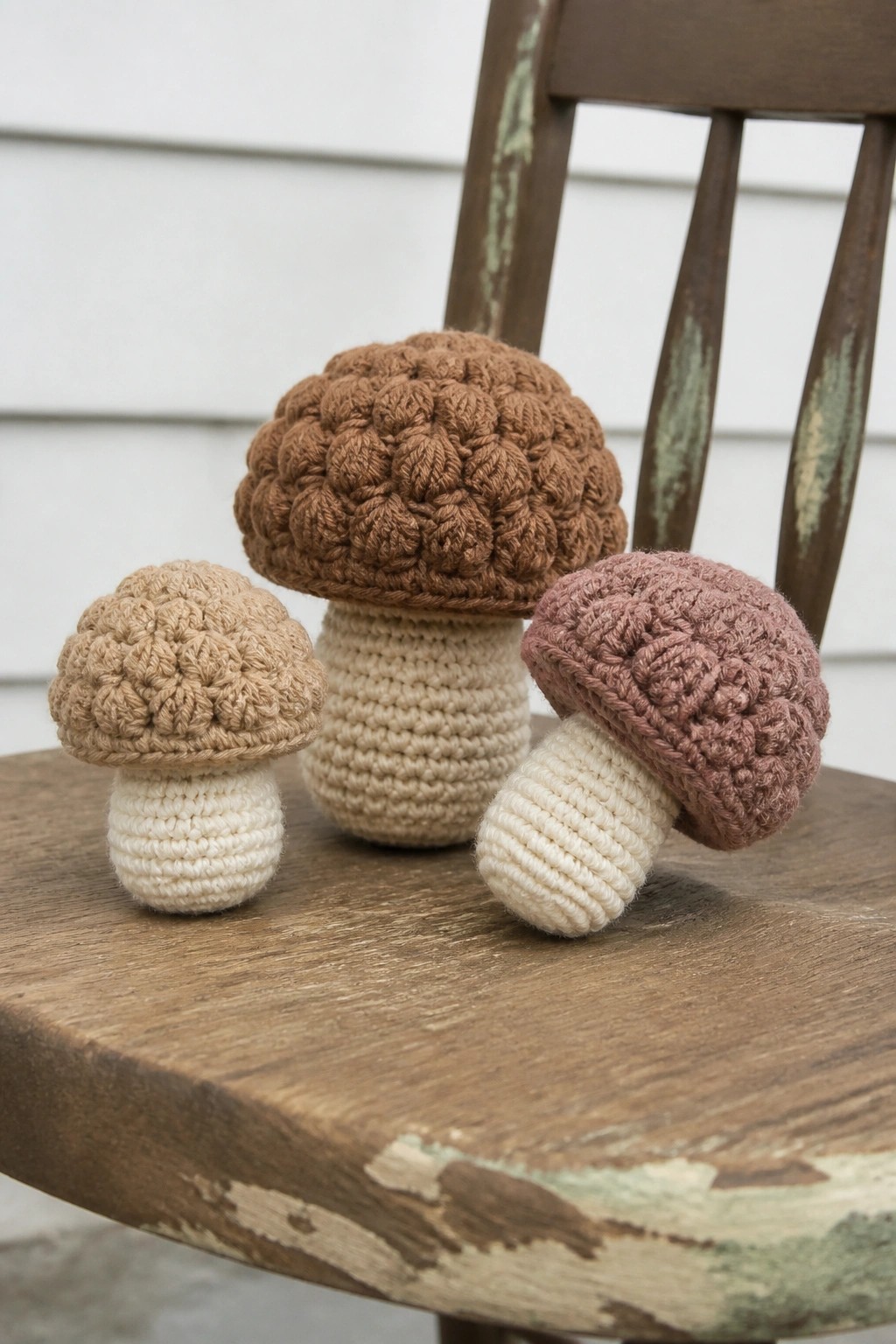 Three crocheted mushrooms with white stems and brown caps on a weathered chair.