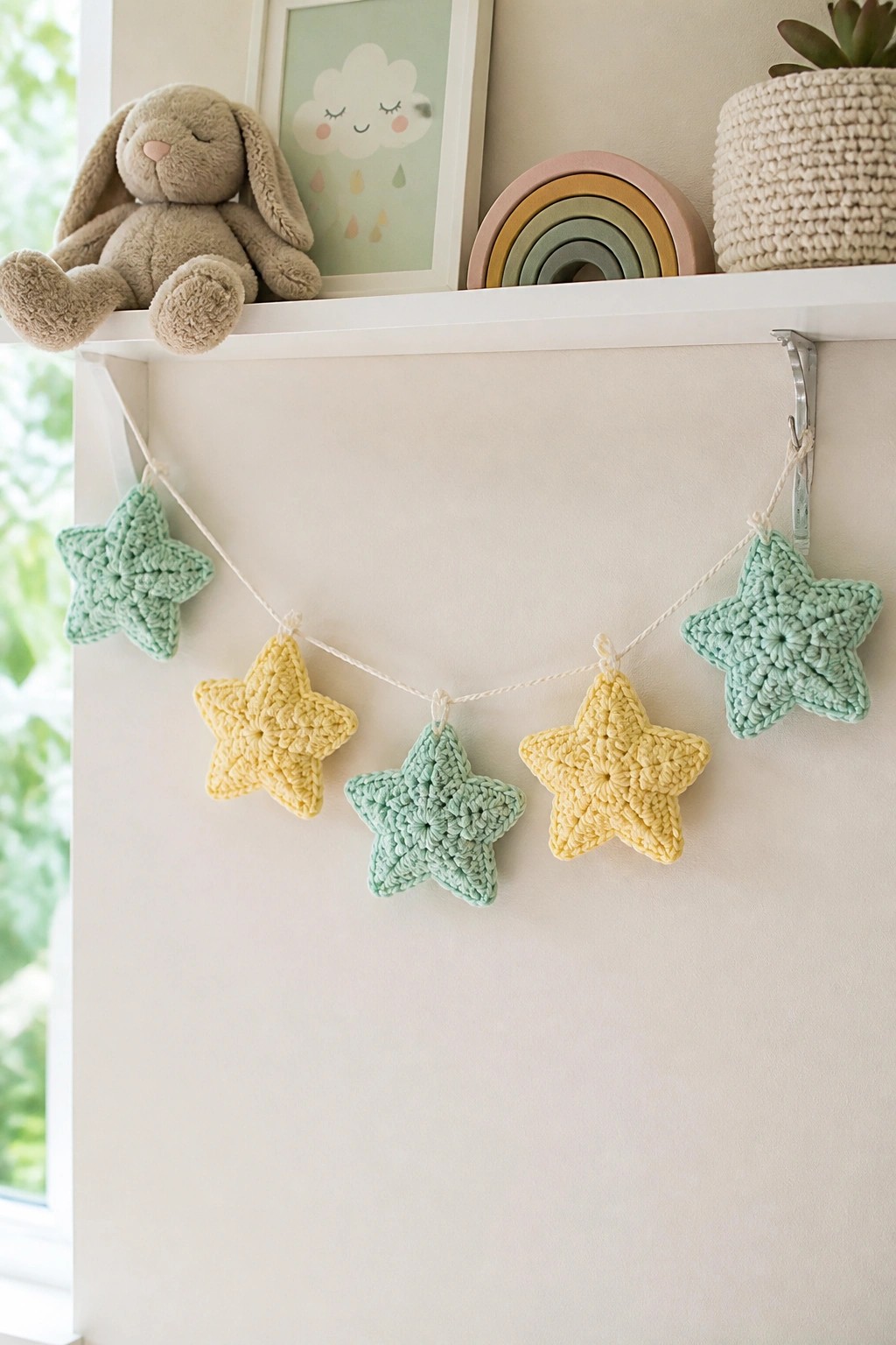 Crocheted pastel star garland hanging below shelf with bunny and rainbow toy