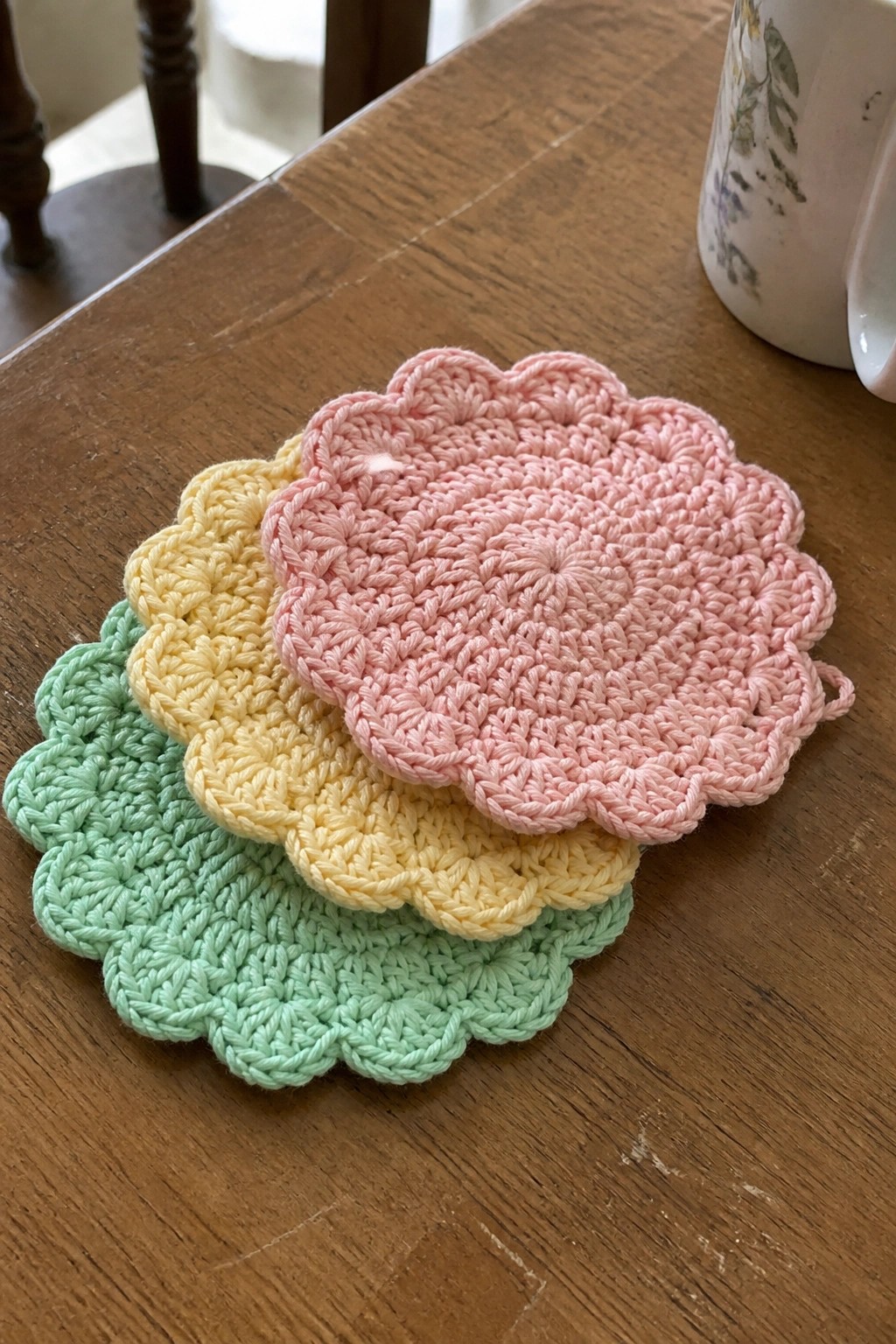 Four pastel crocheted flower coasters stacked on a wooden table.