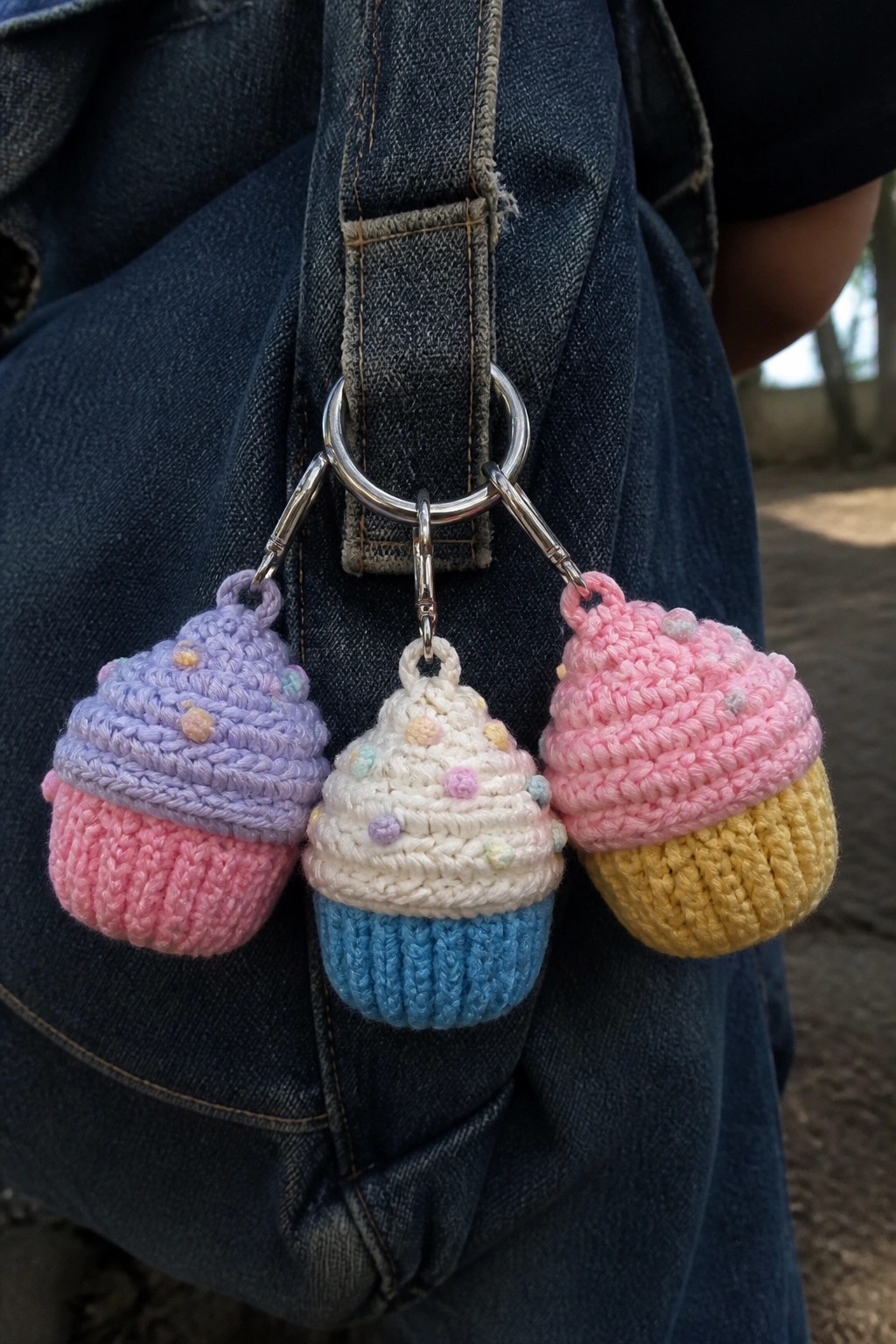 Three colorful crocheted cupcake keychains dangling from a ring on blue denim.