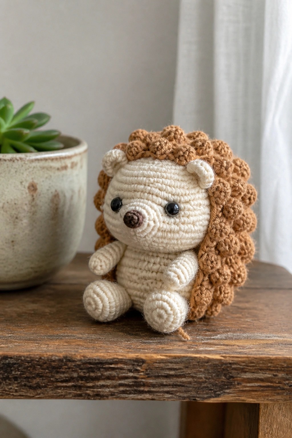 Handmade crocheted hedgehog amigurumi with brown spines on wooden table beside plant