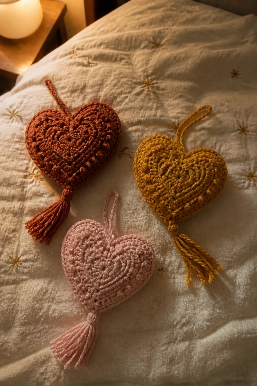 Three crocheted hearts in rust, yellow, and pink with tassels on embroidered fabric.
