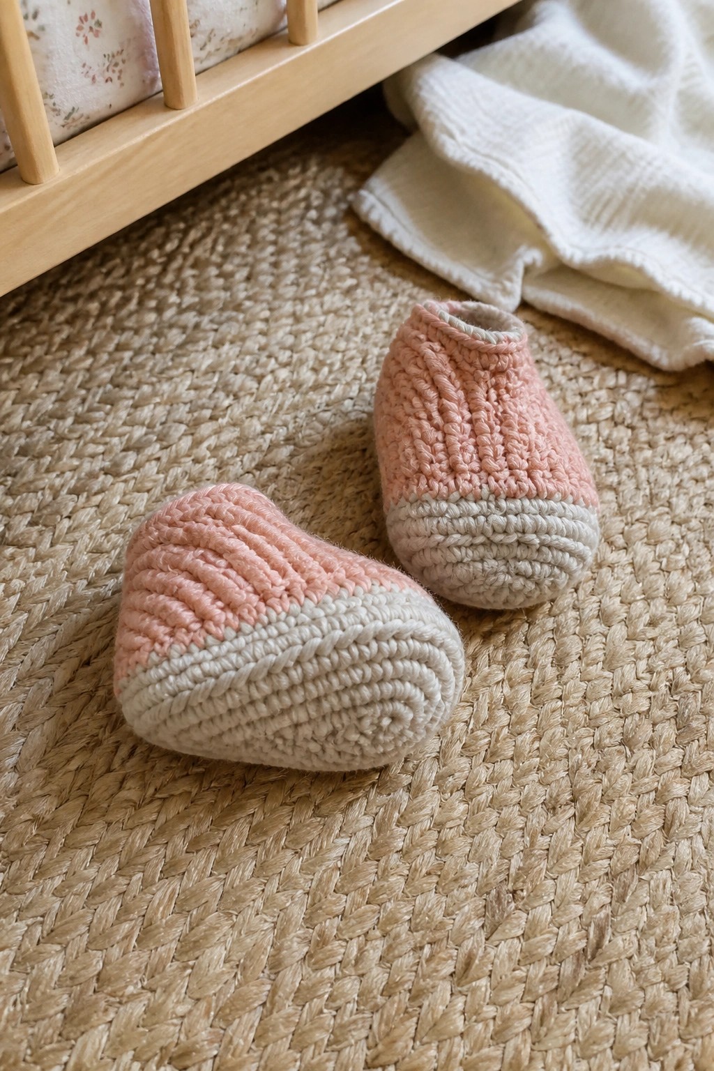 Pink and white crocheted baby booties on a woven rug near a crib