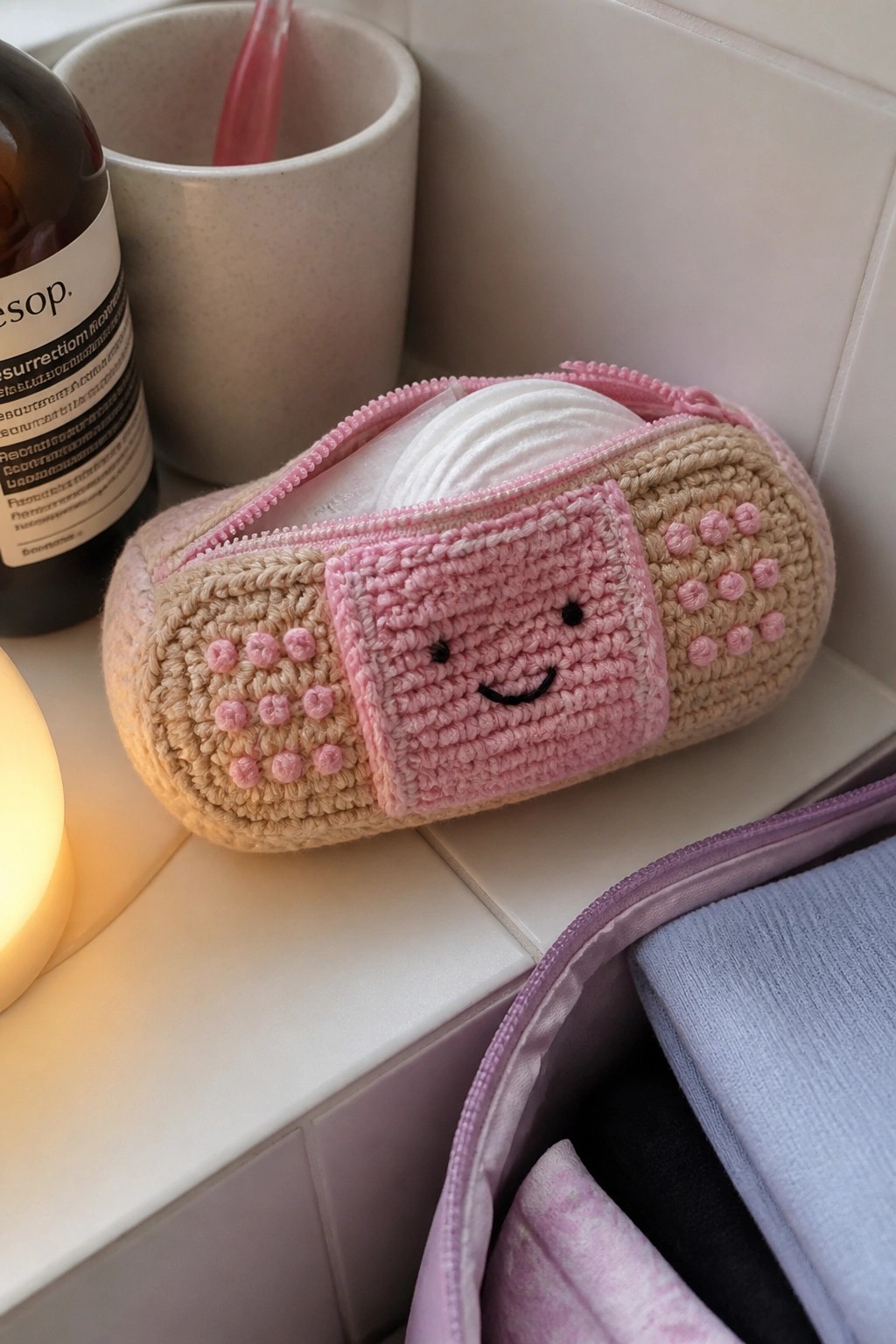 Crocheted beige bandage pouch with pink smiling face and open zipper revealing cotton pads