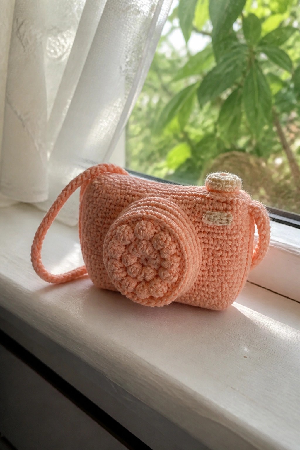 Peach crocheted camera toy on white windowsill by sheer curtain and green foliage.
