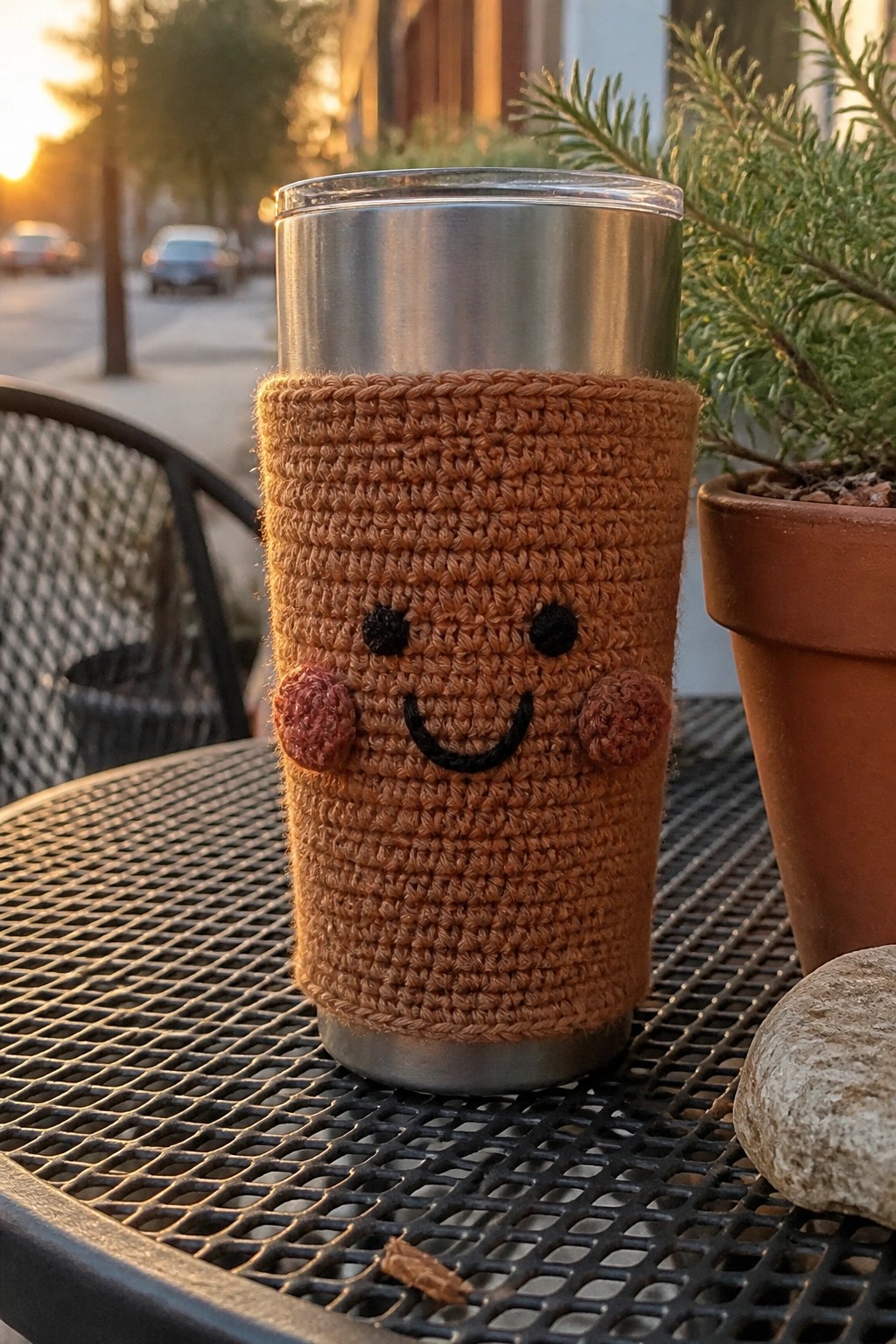 Brown crocheted cozy with smiling face on stainless steel tumbler outdoors on table