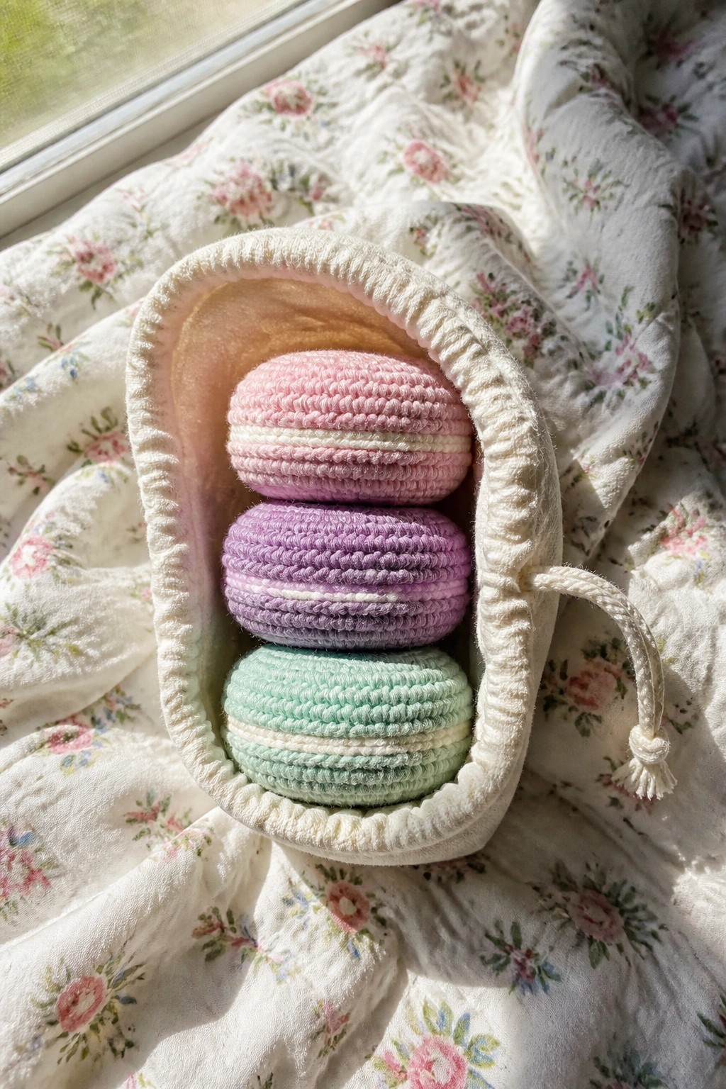 Three pastel crocheted macarons in a white drawstring pouch on floral quilt.