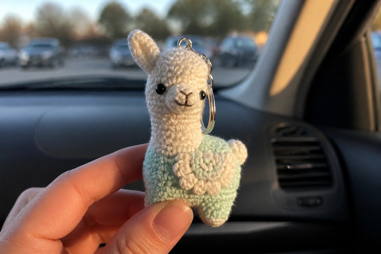 Hand holding crocheted white and mint green llama keychain inside car interior