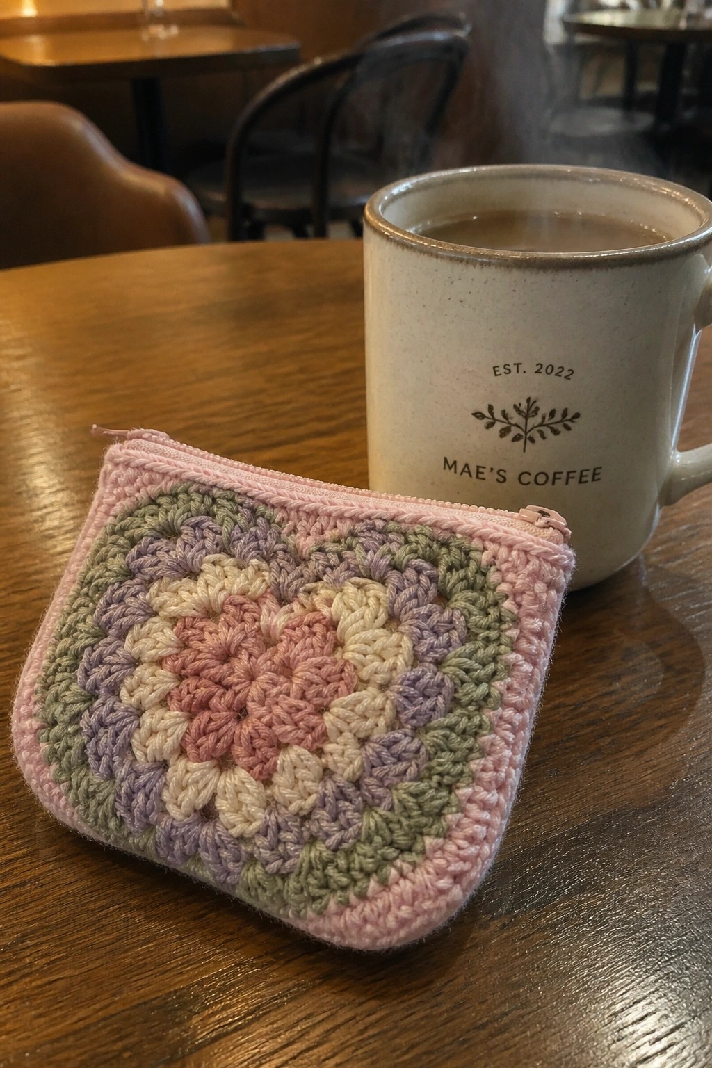 Pastel crocheted granny square pouch beside steaming mug on wooden table