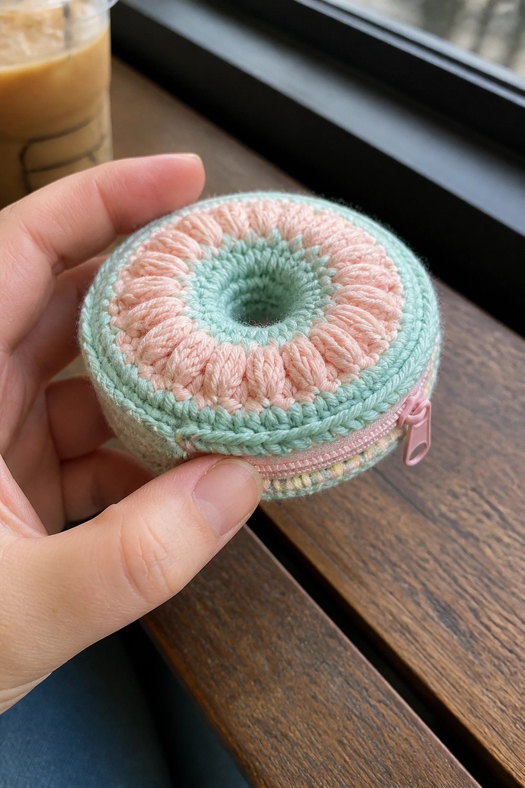 Hand holding pink and mint green crocheted donut coin purse with pink zipper