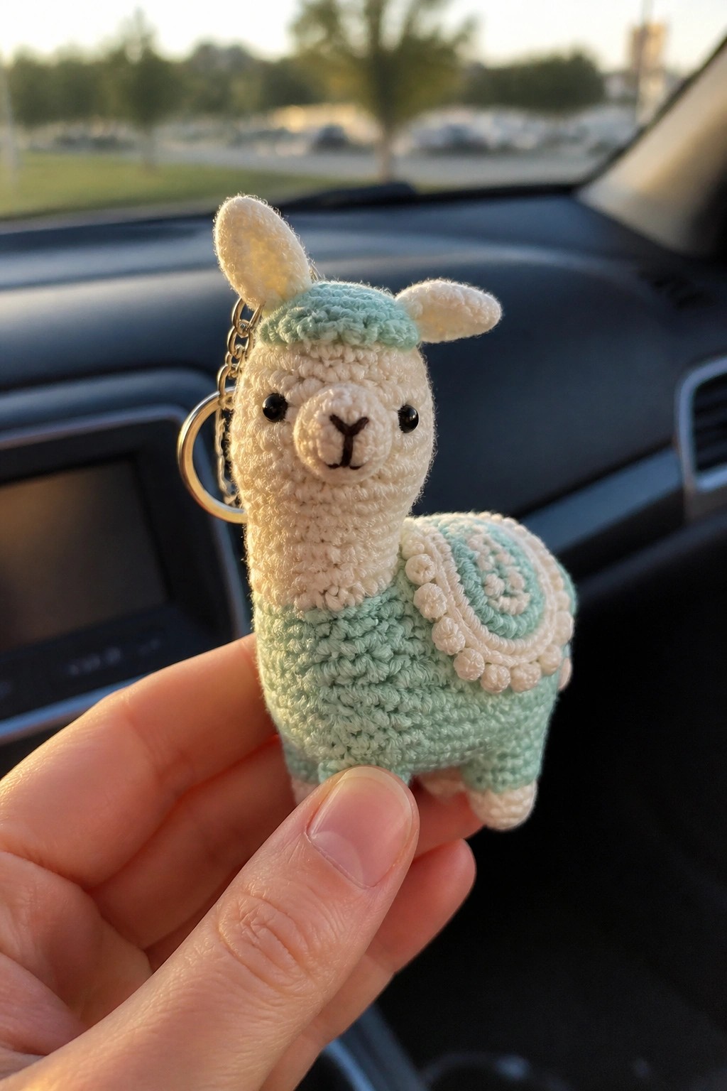 Hand holding crocheted white and mint green llama keychain inside car interior