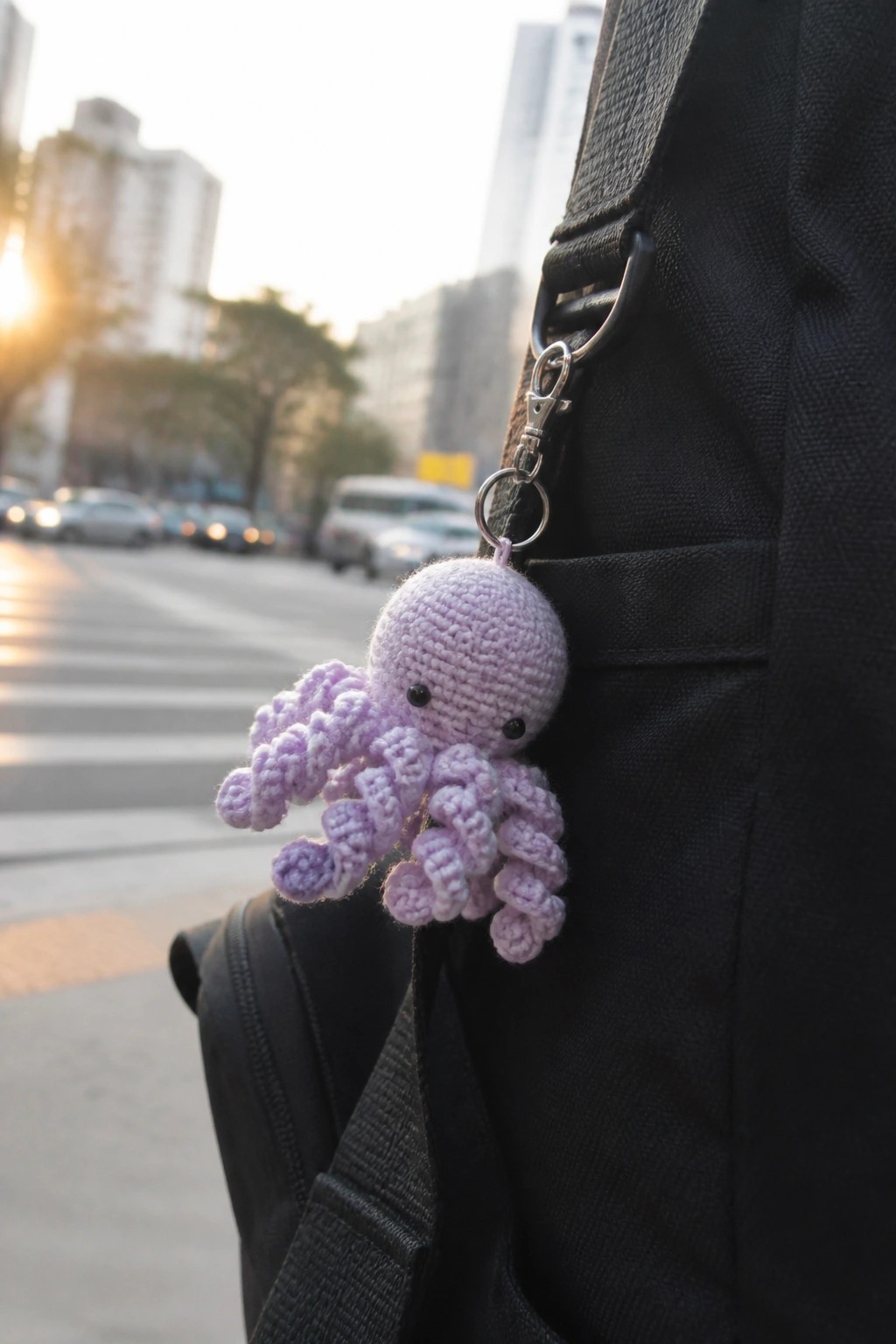 Purple crocheted octopus keychain clipped to black backpack strap on city street.
