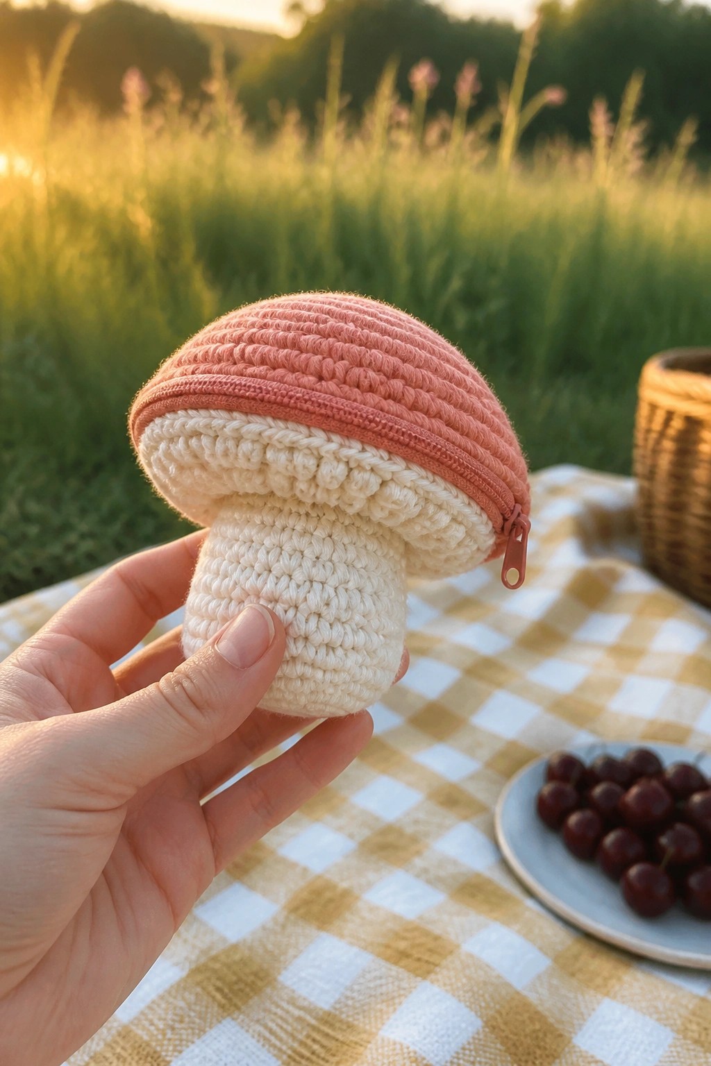 A hand holds a small crocheted mushroom pouch with a pink cap and white stem above a picnic blanket.